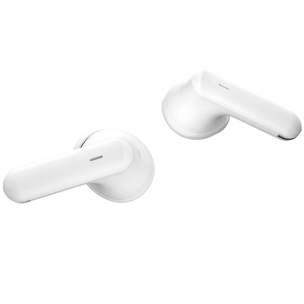 Dos auriculares inalámbricos blancos sobre fondo blanco. Uno a la izquierda, otro a la derecha.