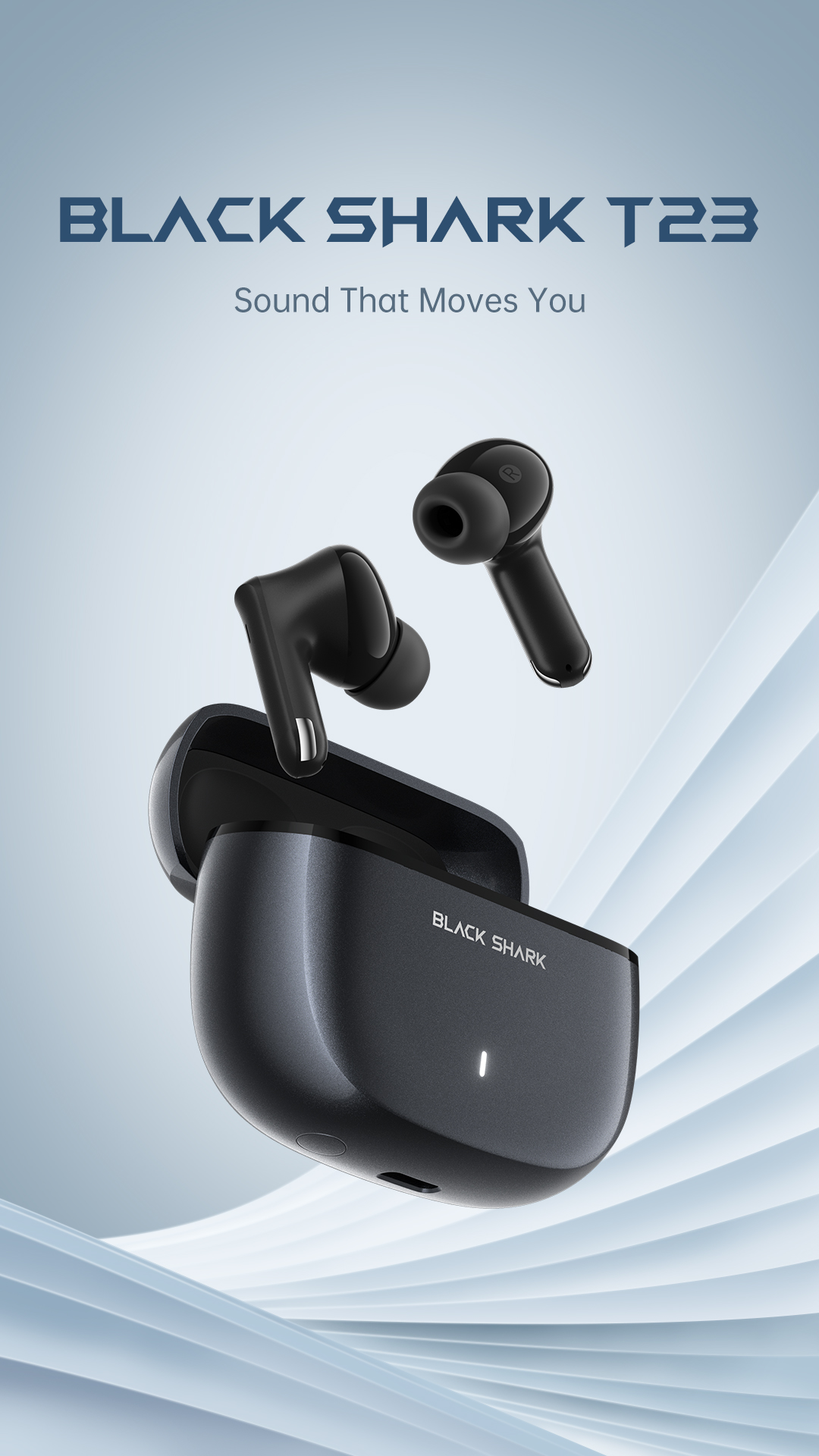 Auriculares inalámbricos Black Shark T23 y estuche sobre fondo degradado azul claro.