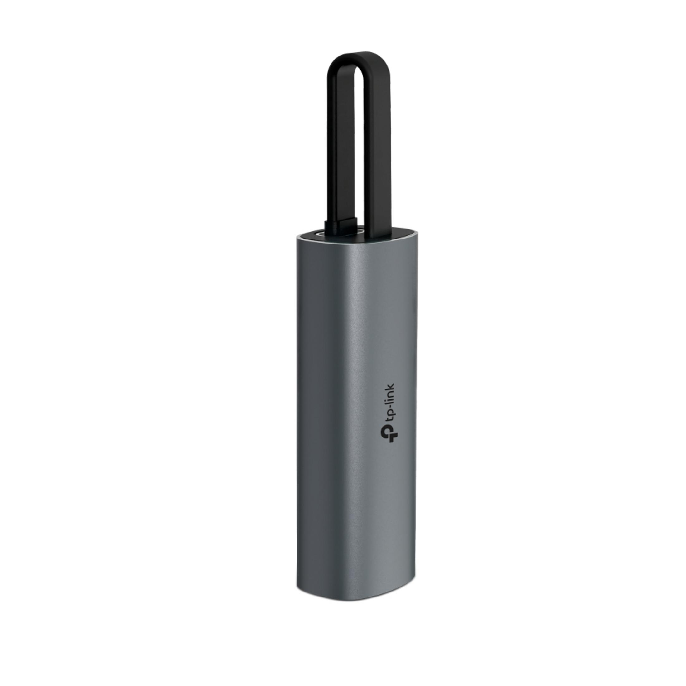 Graues TP-Link Gerät mit schwarzer U-förmiger Antenne auf weißem Hintergrund.