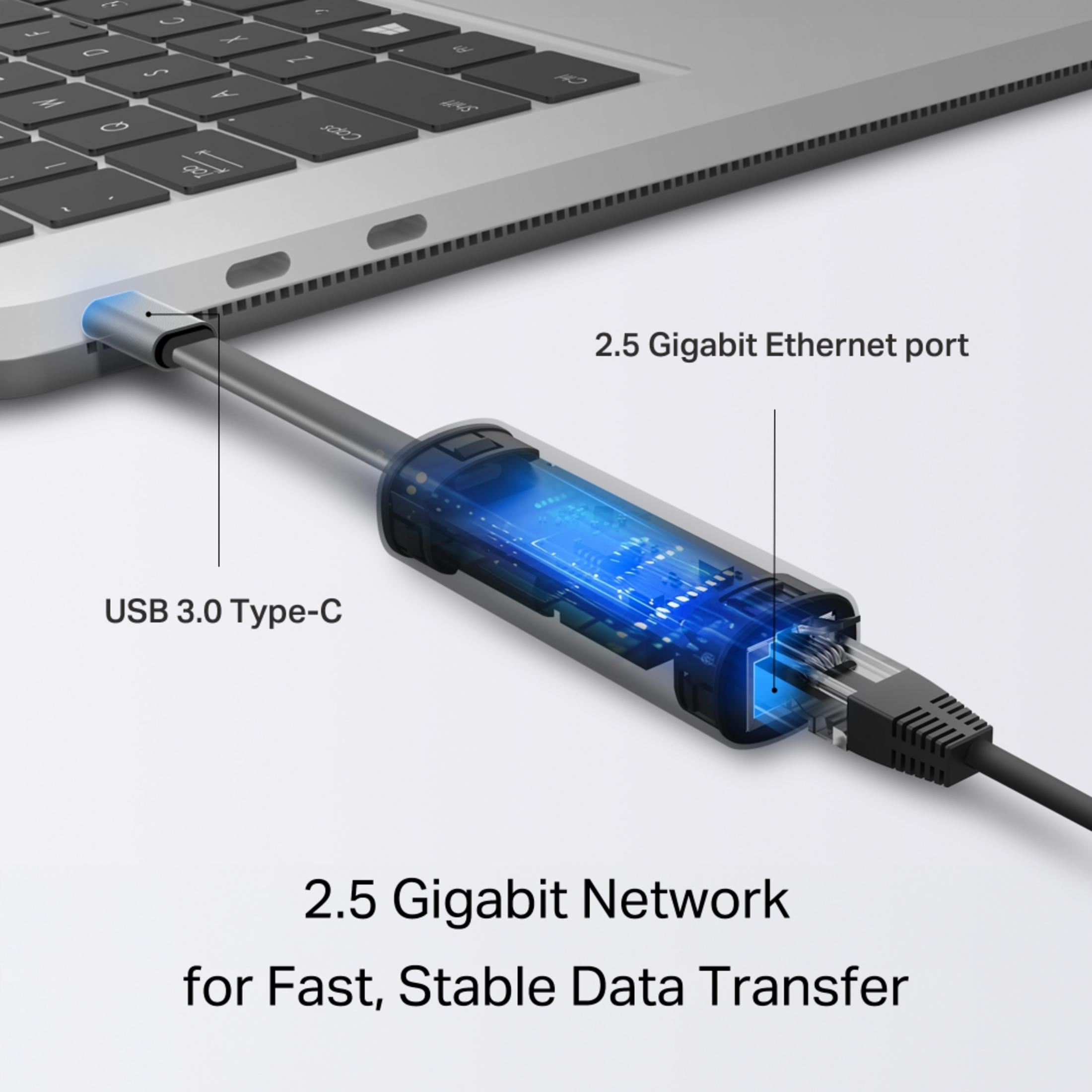 USB-C zu 2,5 GBit/s Ethernet-Adapter an Laptop angeschlossen, mit Text.