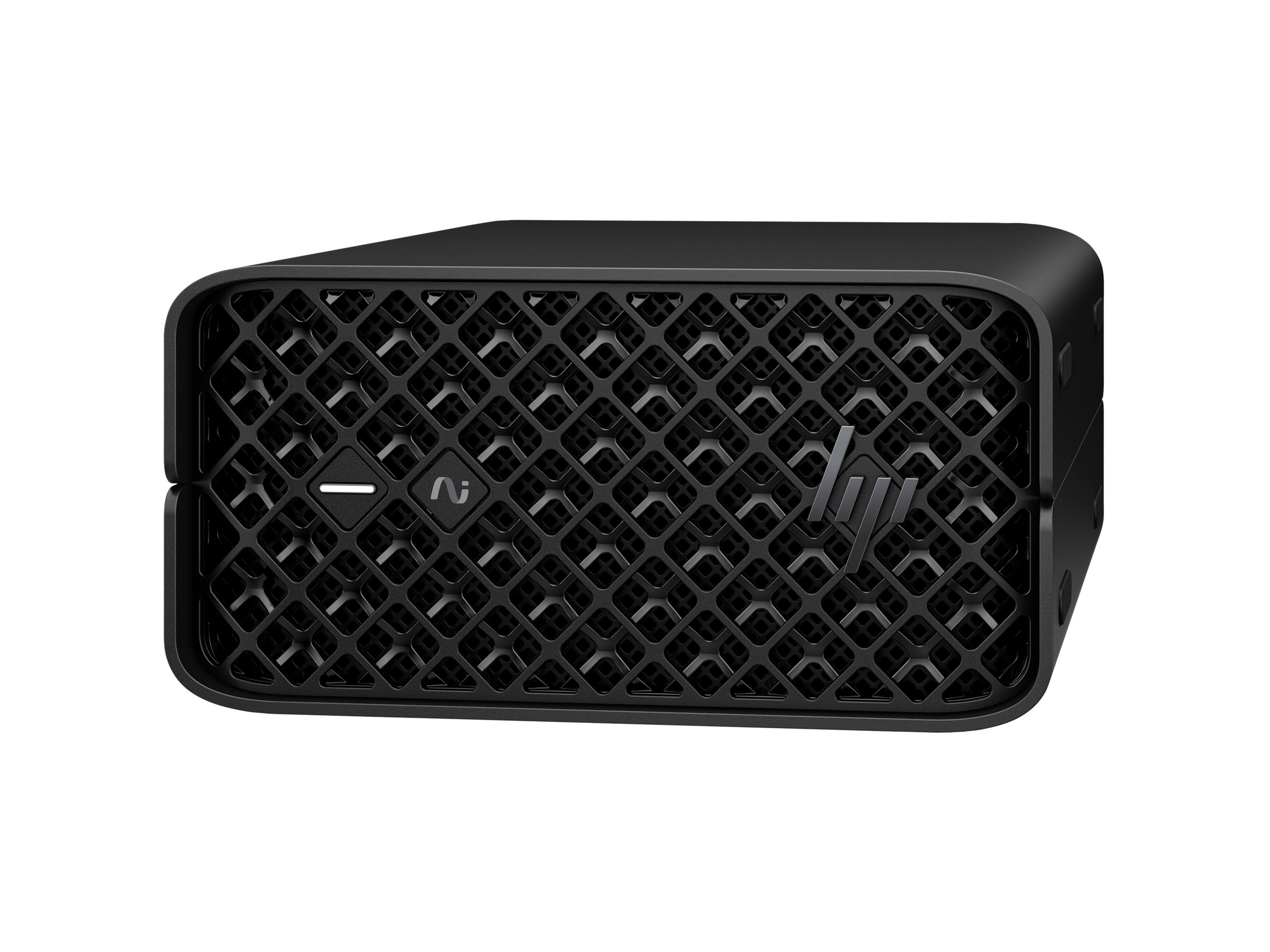 Mini PC HP noir avec façade perforée et logo argenté.