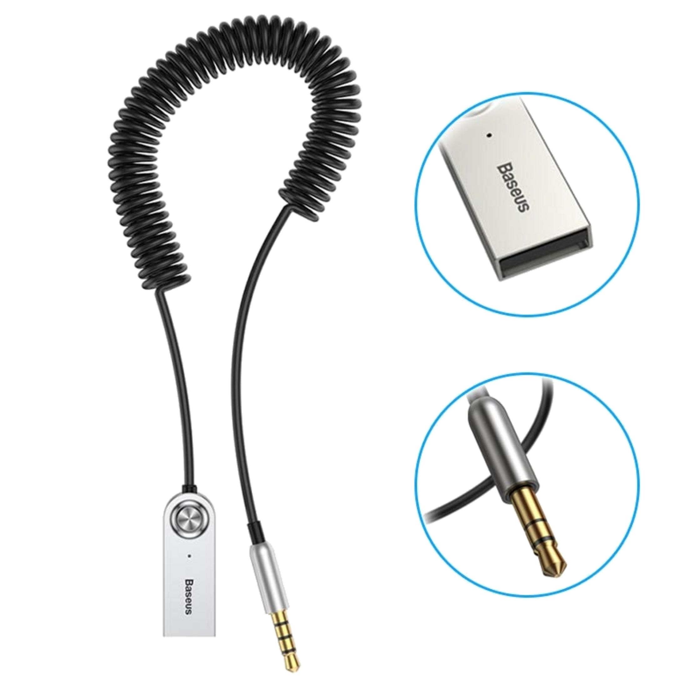 Un cable negro en espiral con conectores plateados y un enchufe USB.