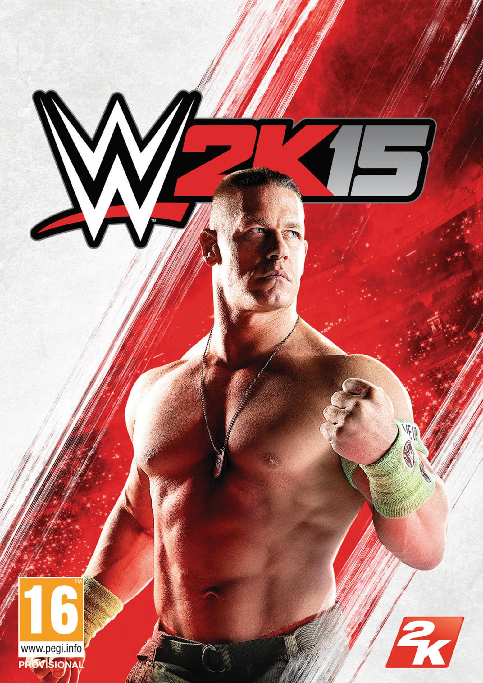 John Cena sulla copertina di WWE 2K15, con logo WWE e sfondo rosso.