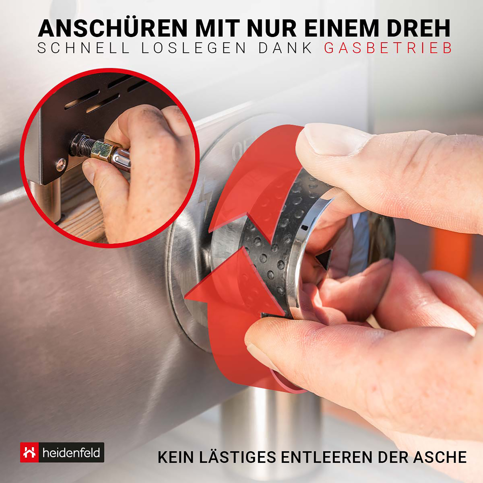 Ein Mann schließt Gas an einen Grill an und dreht einen Regler.