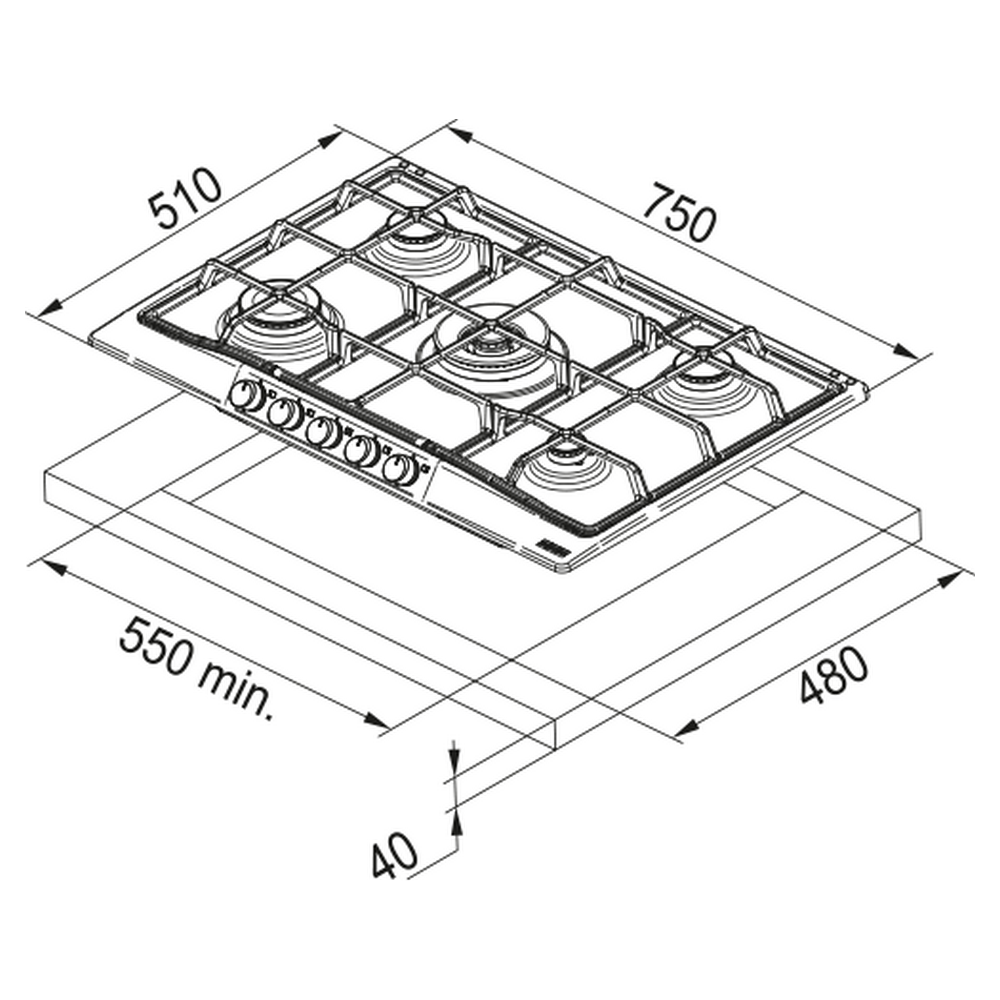 Dibujo técnico de una placa de gas con dimensiones.