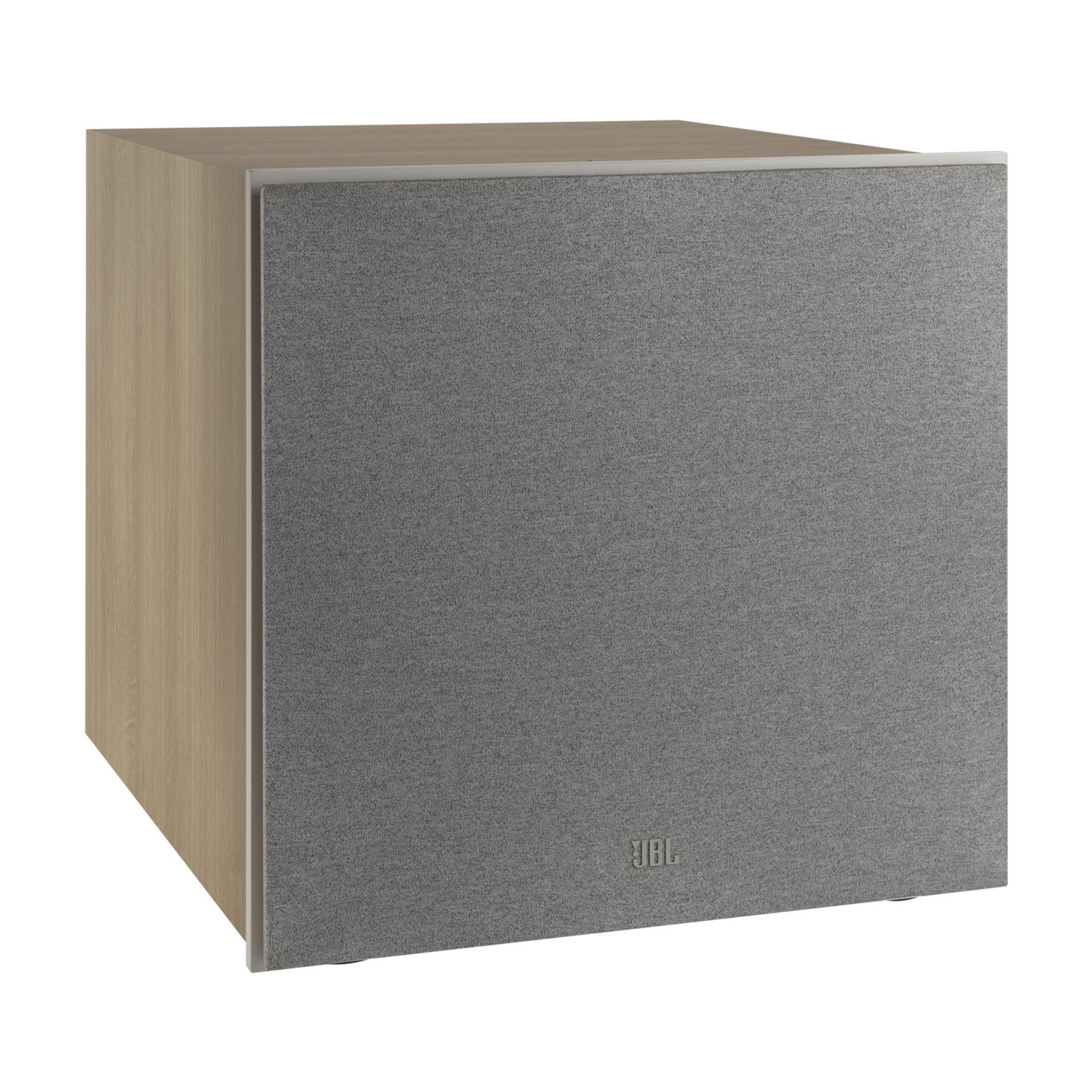 Szary subwoofer JBL z drewnianą obudową i materiałowym grillem.