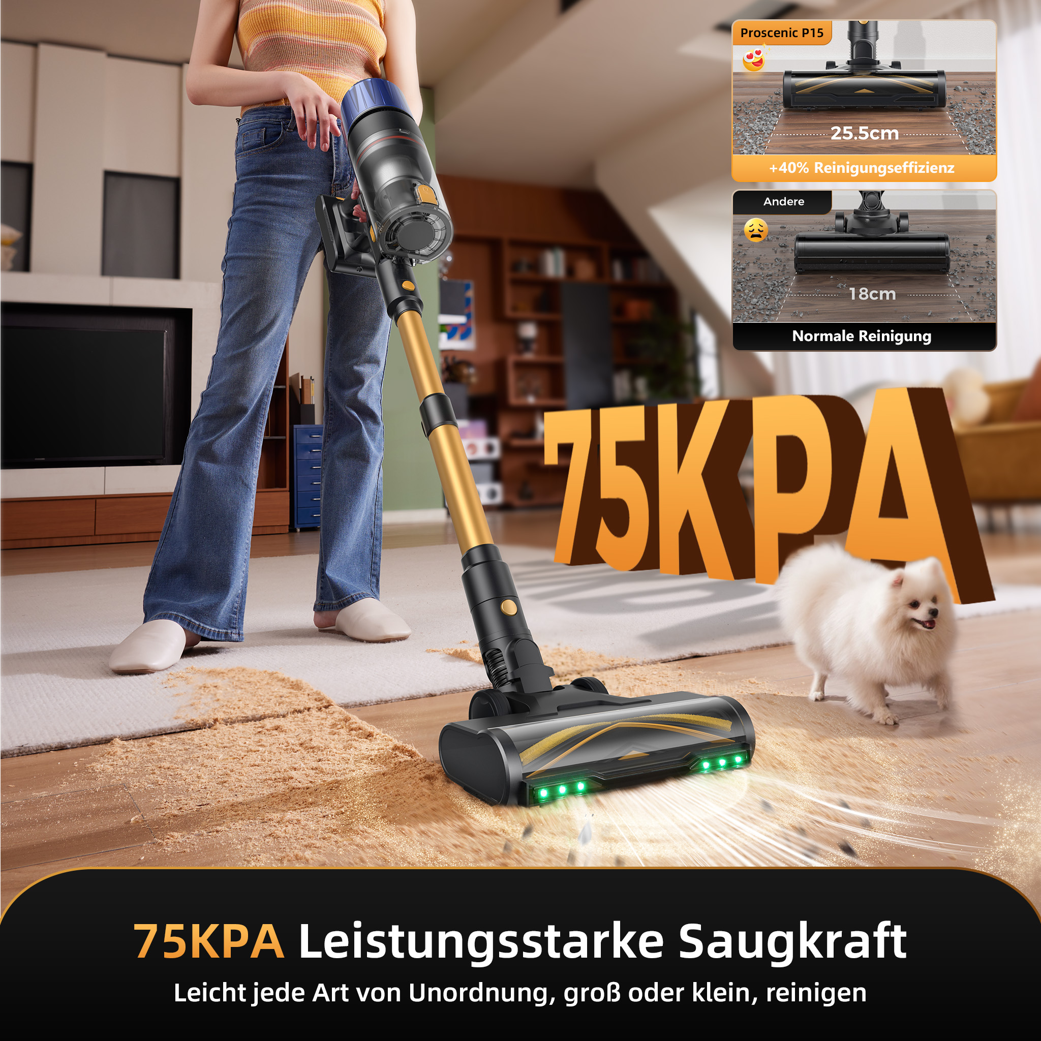 Staubsauger saugt Schmutz auf, mit 75KPA Leistung und breiterer Reinigung.
