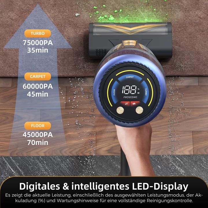 Ein Handstaubsauger mit LED-Display zeigt Reinigungsmodi: Turbo (75kPa/35min), Teppich (60kPa/45min), Boden (45kPa/70min).
