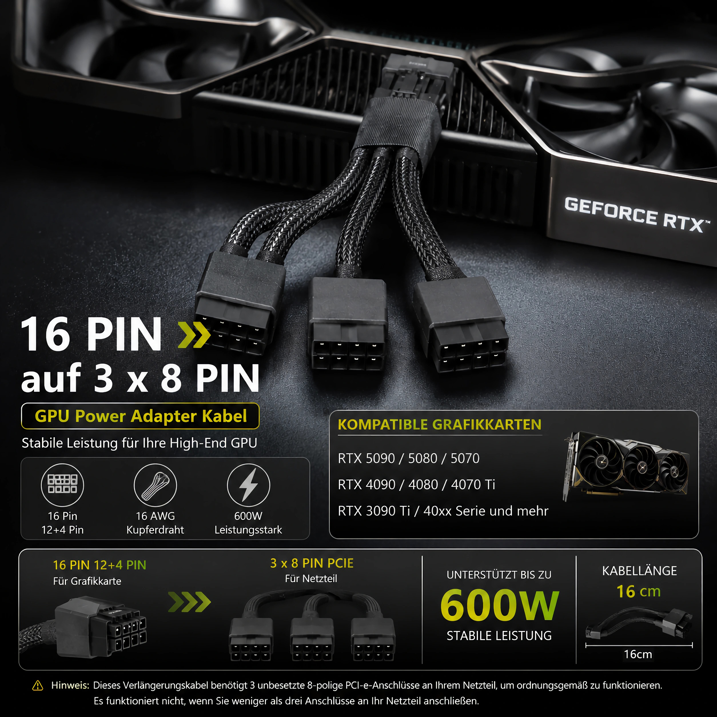 Ein 16-Pin-Adapterkabel mit 3x 8-Pin-Anschlüssen für Grafikkarten, unterstützt 600W.
