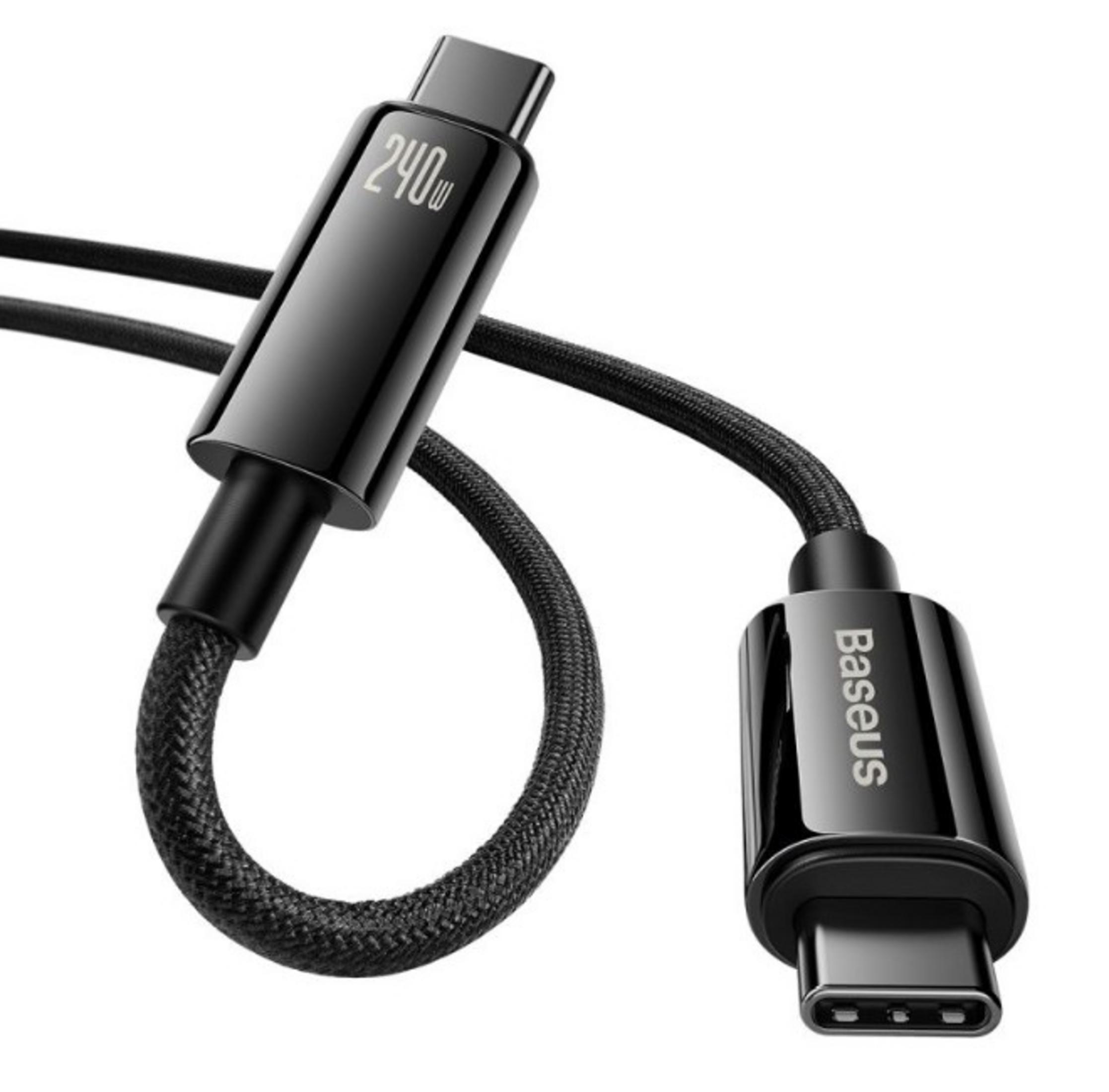 Black USB-C cable with 240W marking and Baseus logo.