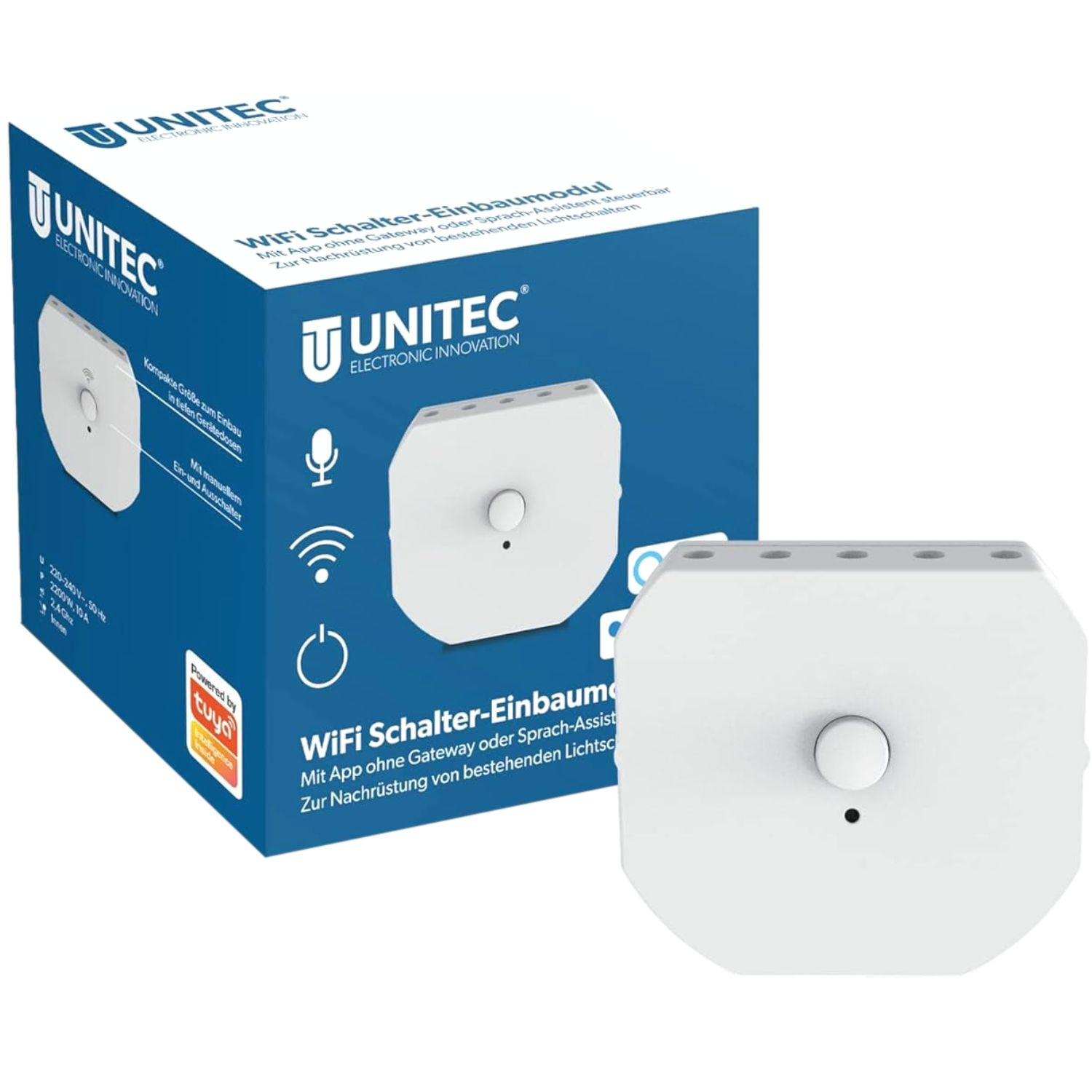 Ein UNITEC WLAN-Schaltermodul auf blauem Karton mit Produktabbildungen.