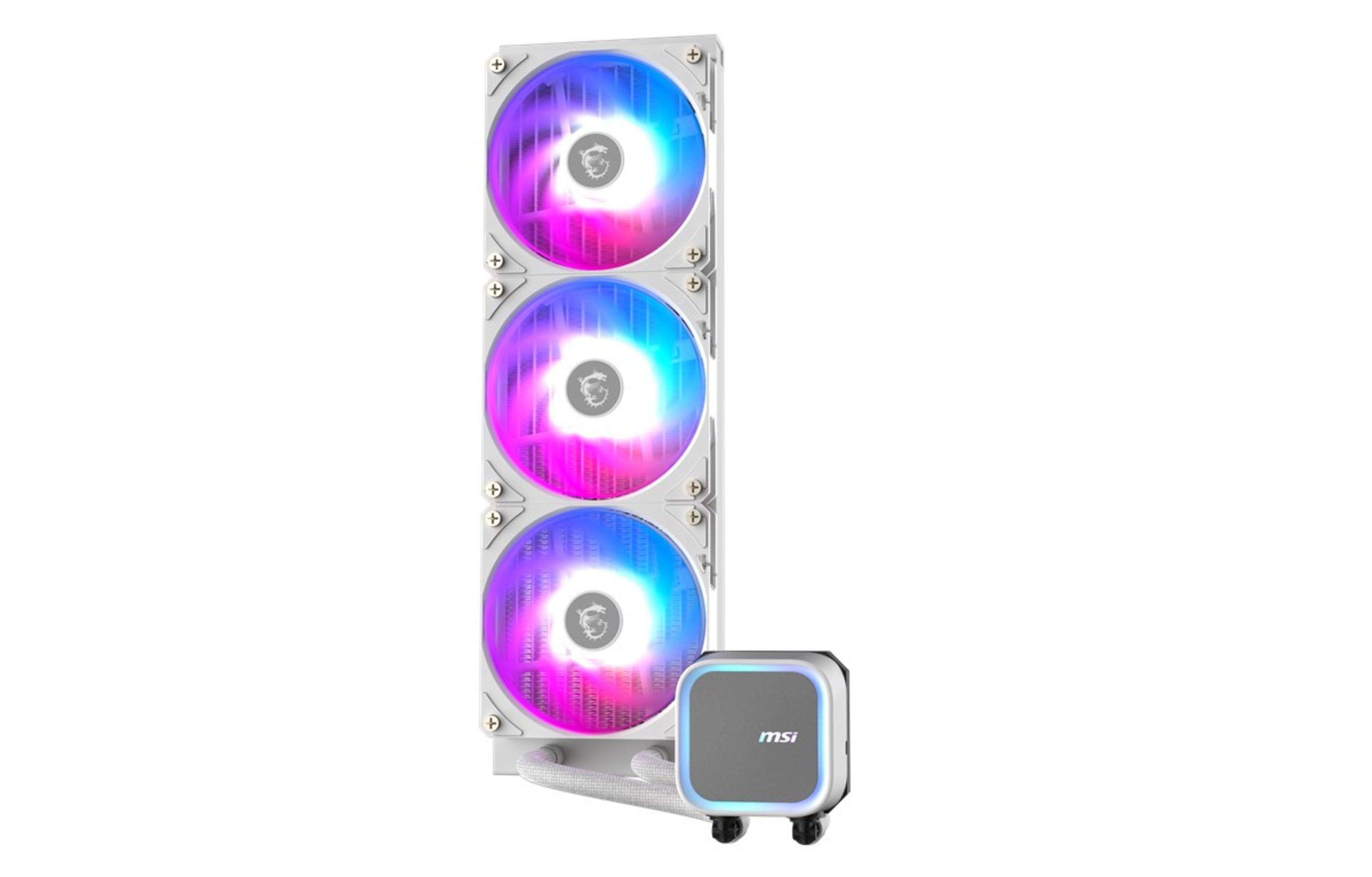Raffreddatore CPU bianco con tre ventole RGB e alloggiamento pompa quadrato.