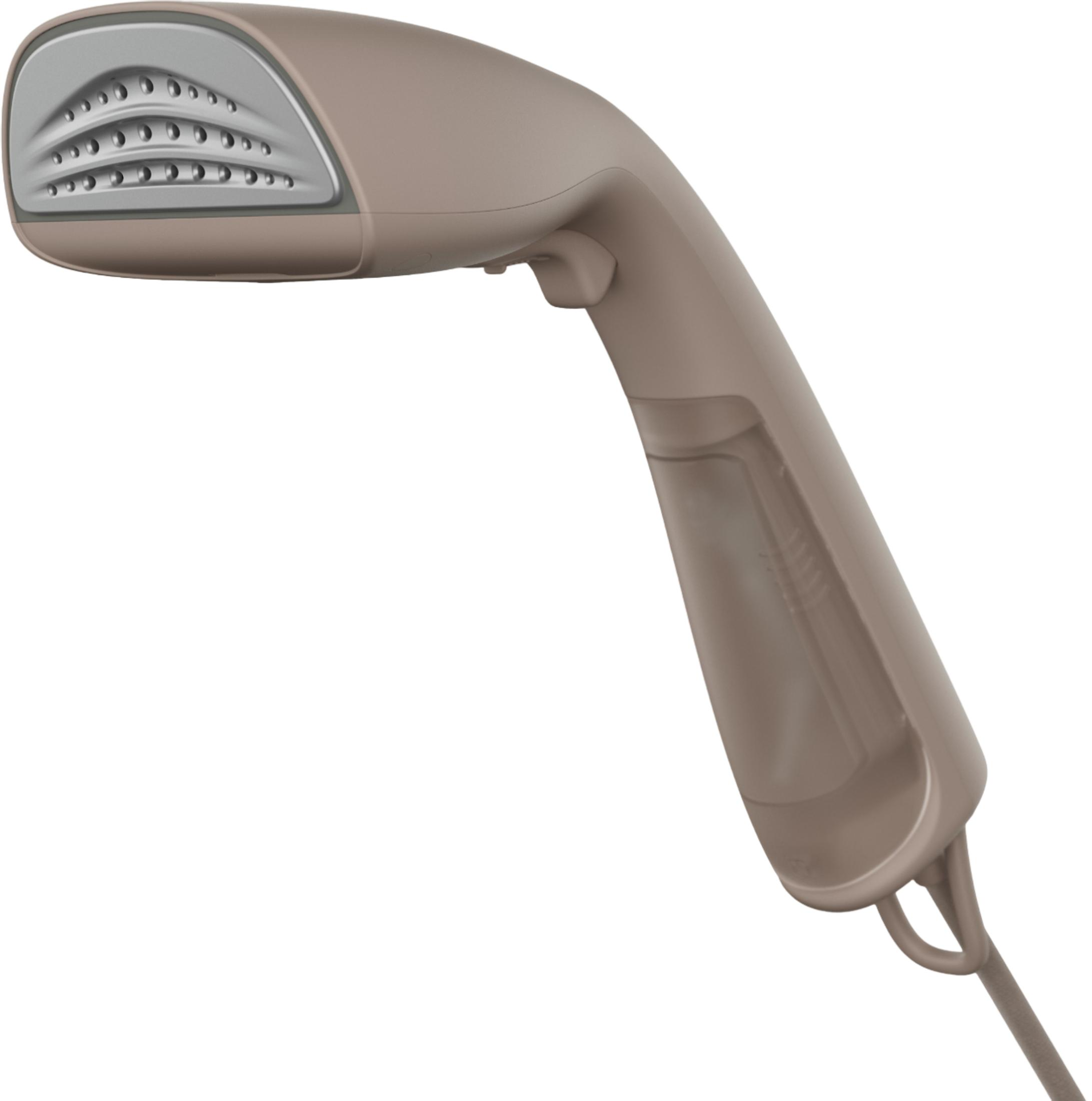 Un vaporizzatore per abiti portatile color tortora con testa argentata a forma di asse.