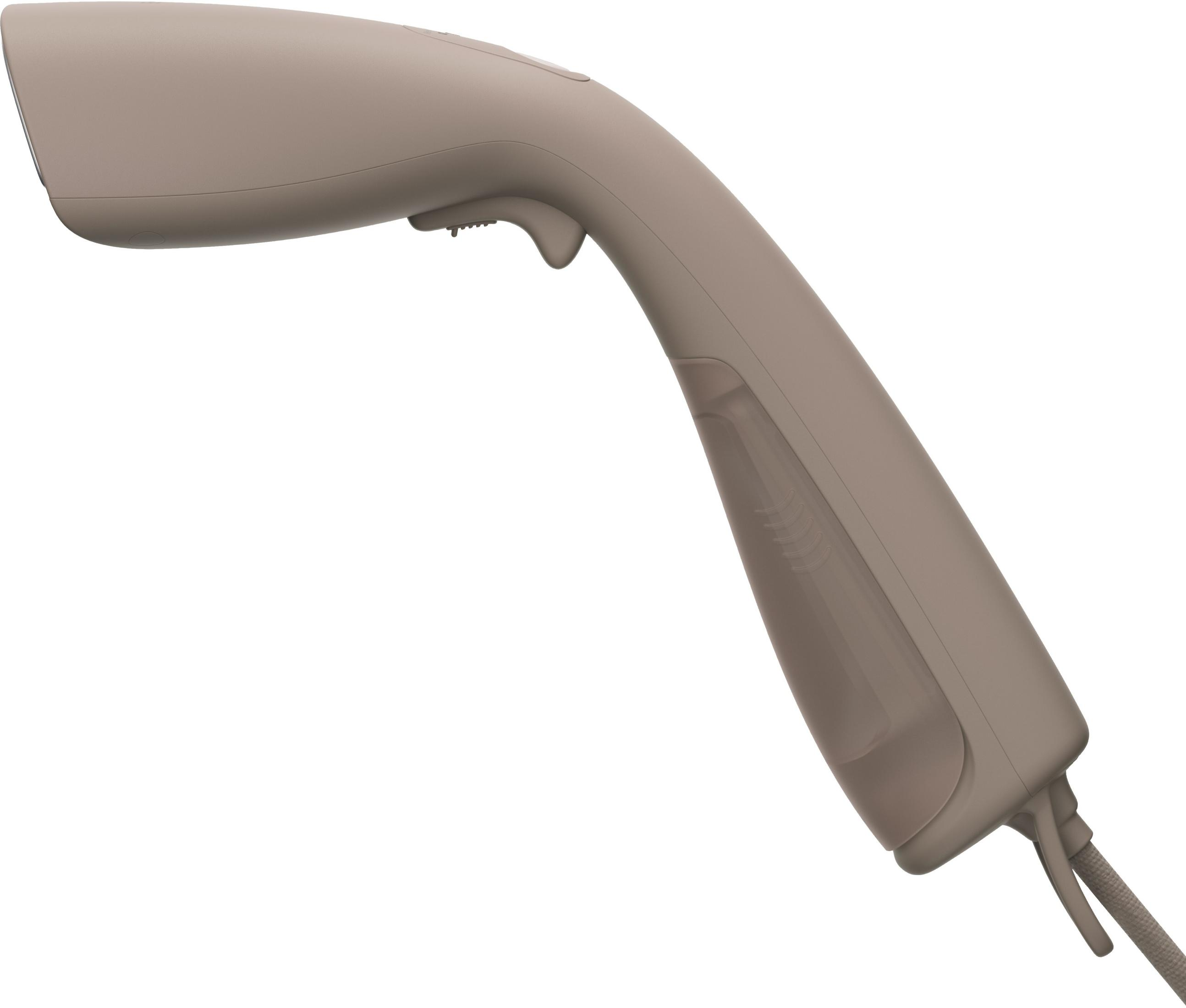 Un vaporizzatore per abiti portatile color tortora con serbatoio dell'acqua trasparente e attacco cavo.
