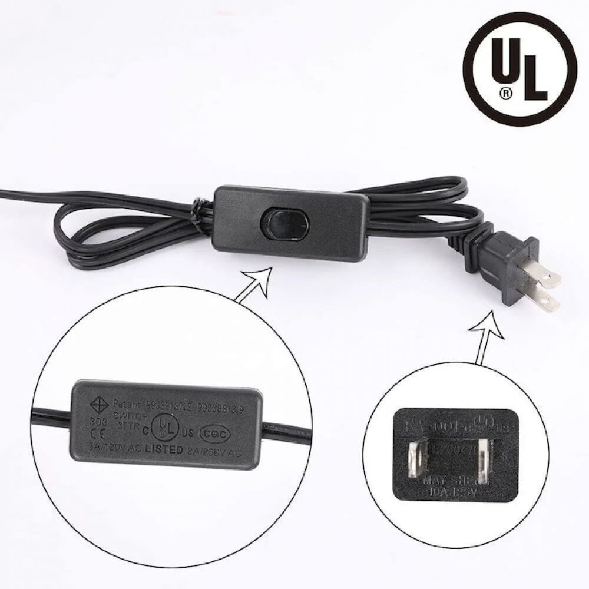 Ein schwarzes Stromkabel mit einem Schalter, Stecker und UL-Logo.