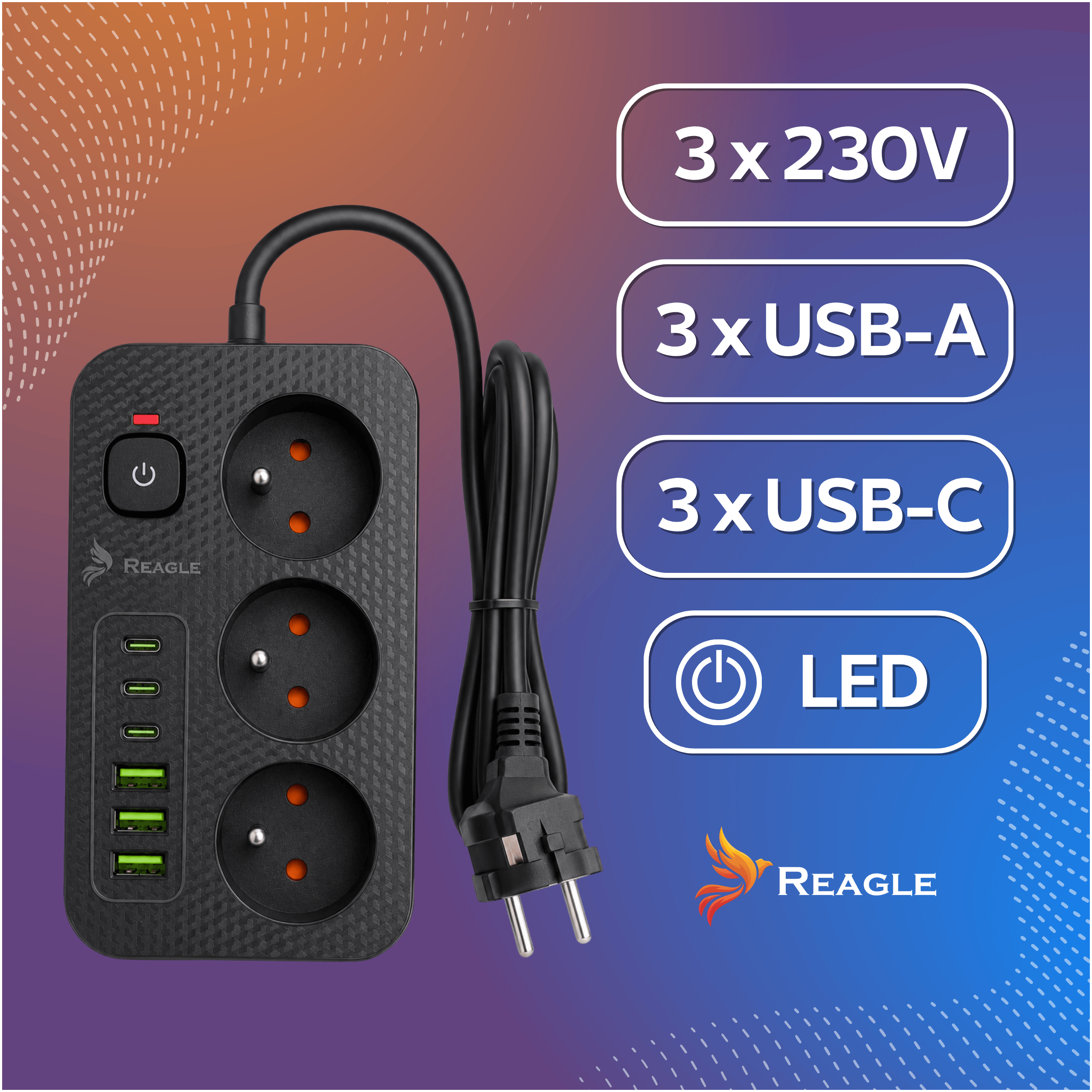 Schwarze Mehrfachsteckdose mit 3 Steckdosen, 3x USB-A, 3x USB-C, LED-Anzeige.