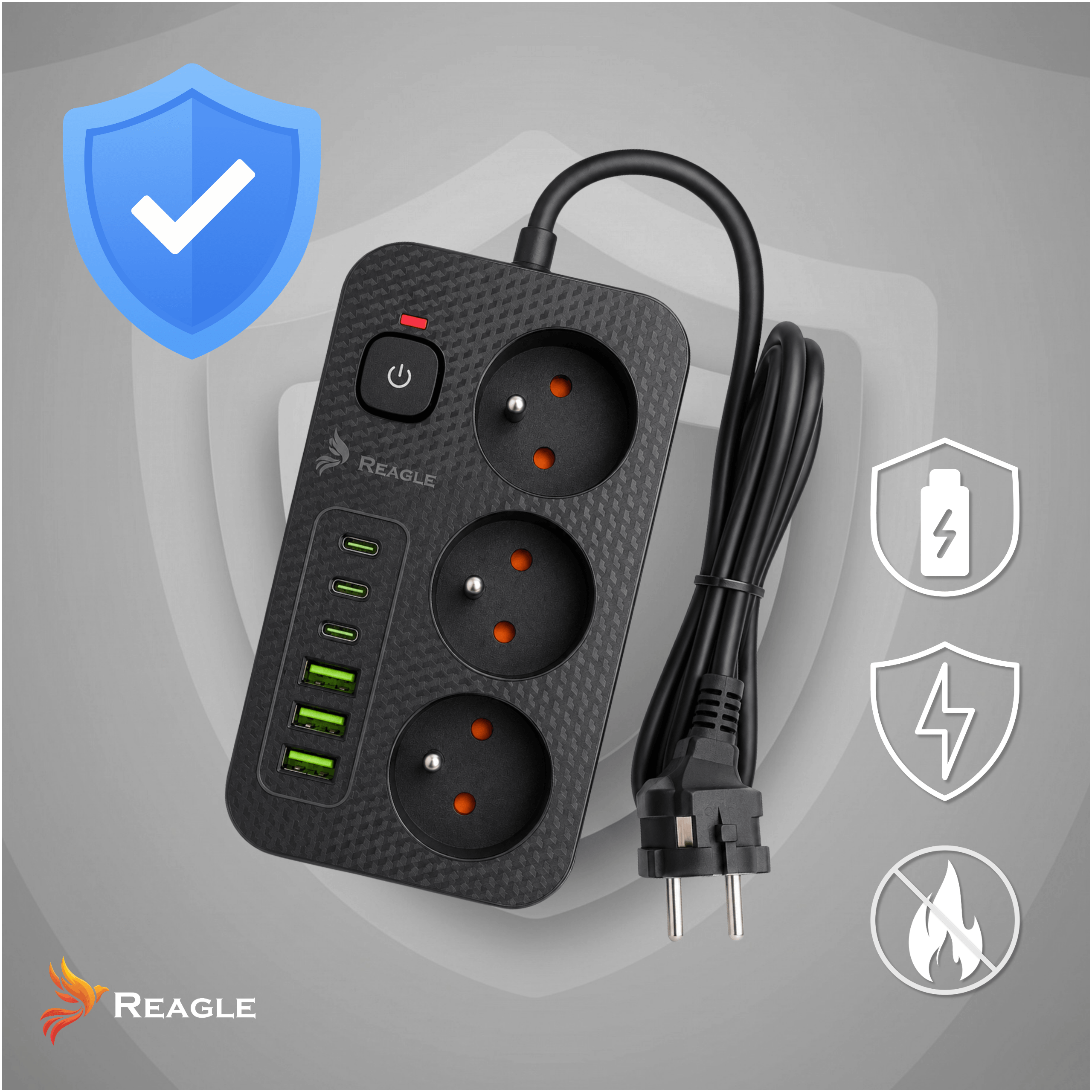Schwarzer Mehrfachstecker mit 3 Steckdosen, 6 USB-Anschlüssen und einem Ein-/Ausschalter.