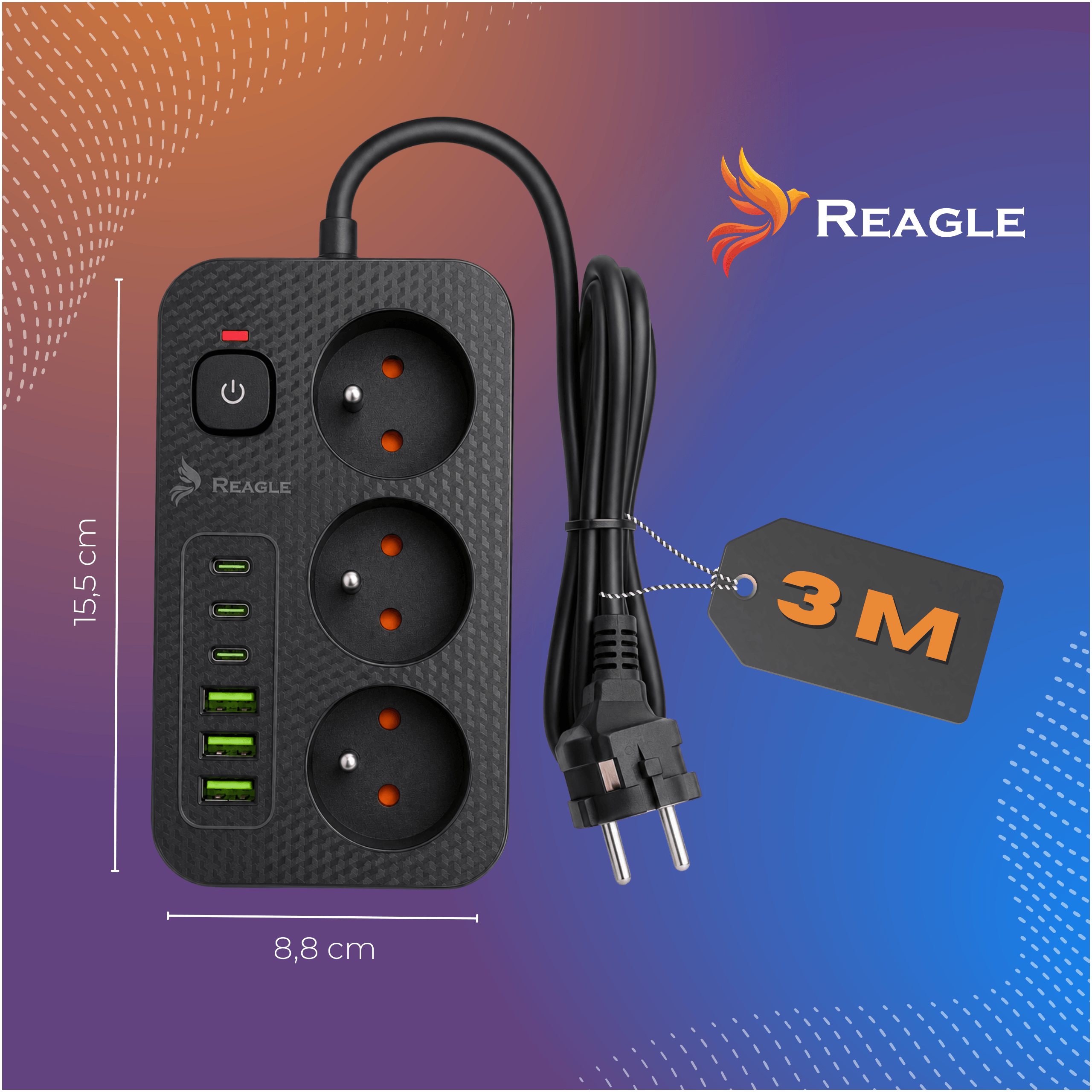 Schwarze Mehrfachsteckdose mit 3 Steckplätzen, 3 USB-C und 2 USB-A Anschlüssen.