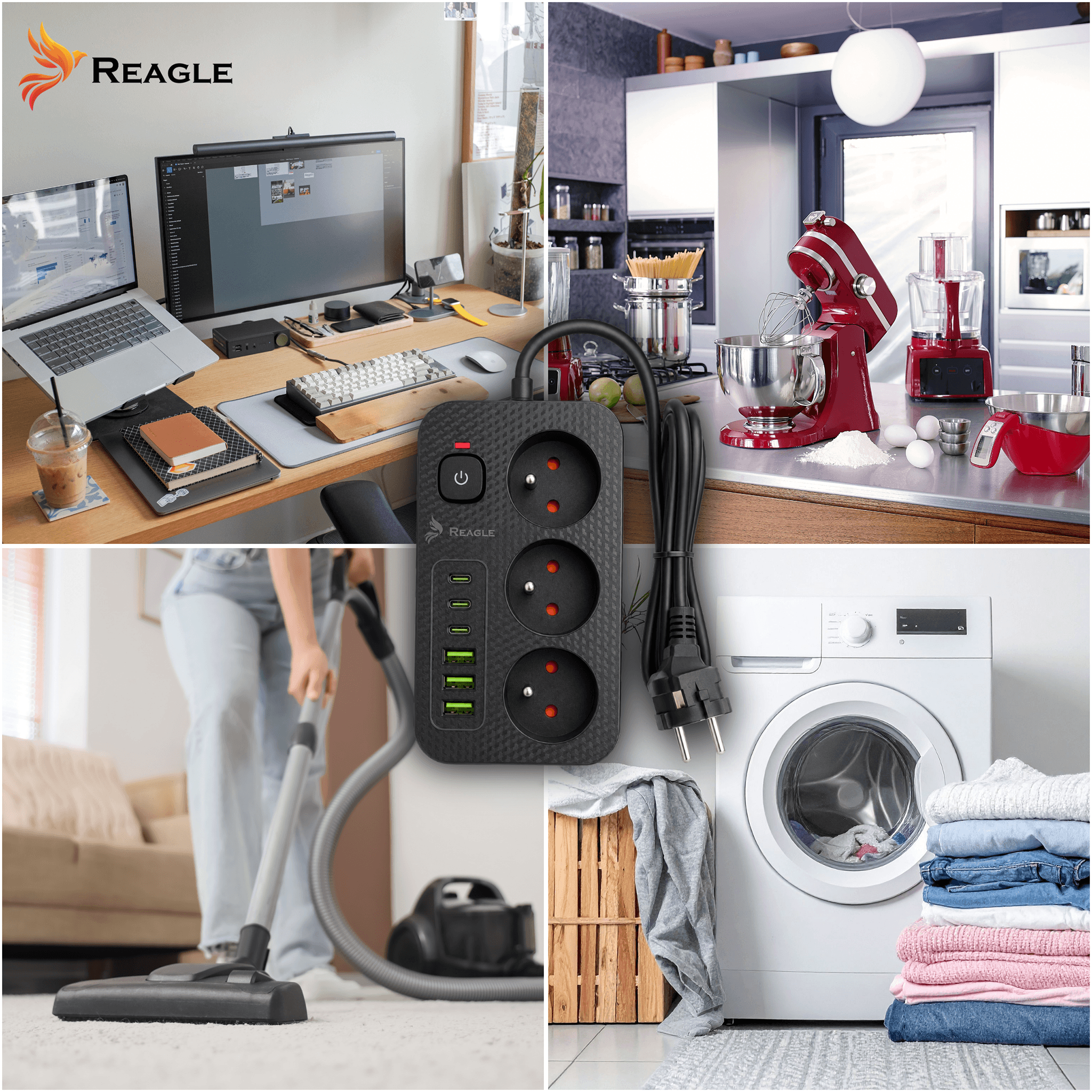 Collage: Schreibtisch-Setup, Küchengeräte, Steckdosenleiste, Staubsaugen, Wäsche.