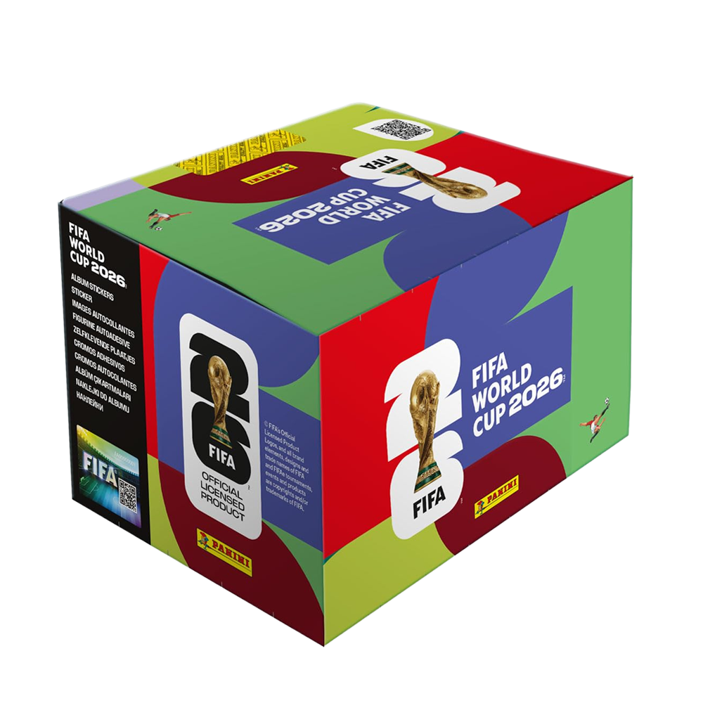 Bunte Box mit FIFA WM 2026 Aufdruck, Pokal und Panini-Logo.