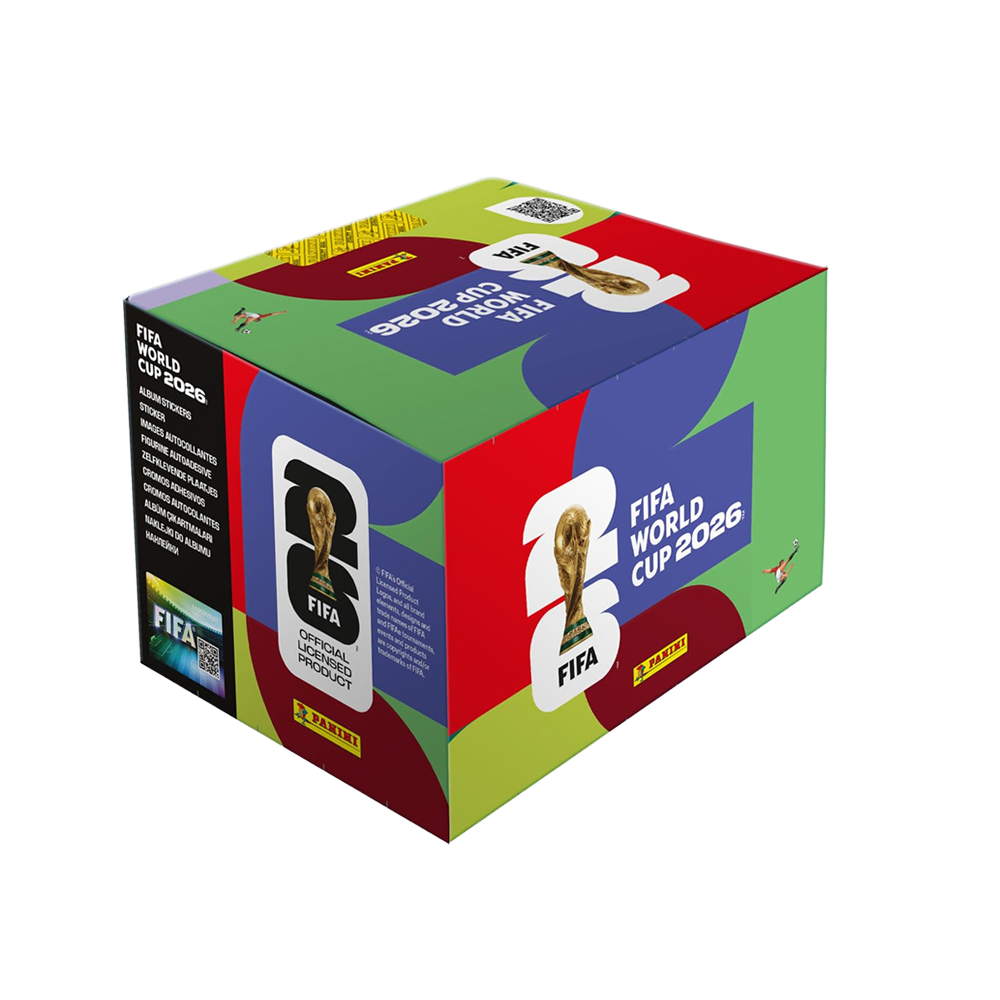 Bunte Box für FIFA World Cup 2026 Sticker mit Pokal-Motiv und Panini-Logo.