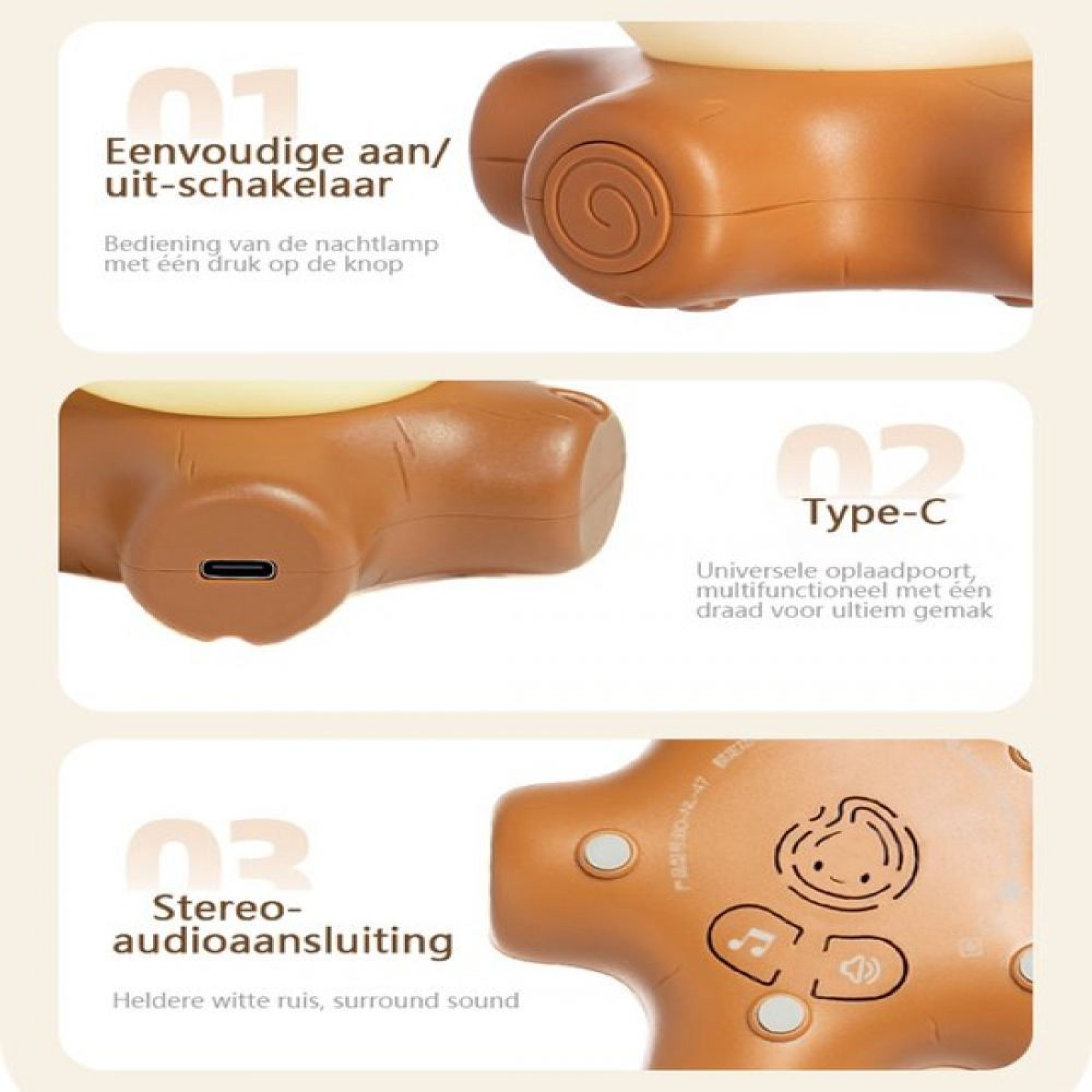 Braunbär-Lampe mit einfacher Bedienung, Typ-C-Anschluss und Stereo-Audio.