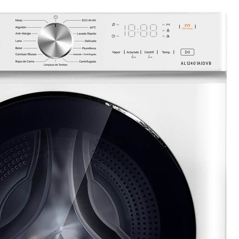 Una lavadora blanca con panel de control y pantalla digital.