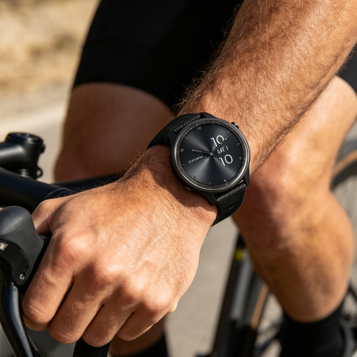 Een man houdt een fietsstuur vast, zijn horloge toont 10:10.