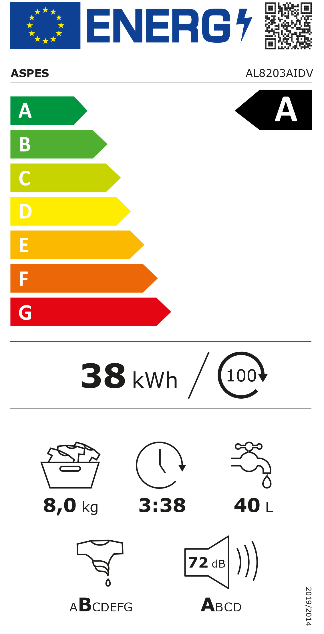 Etiqueta energética para lavadora ASPES, modelo AL8203AIDV.
