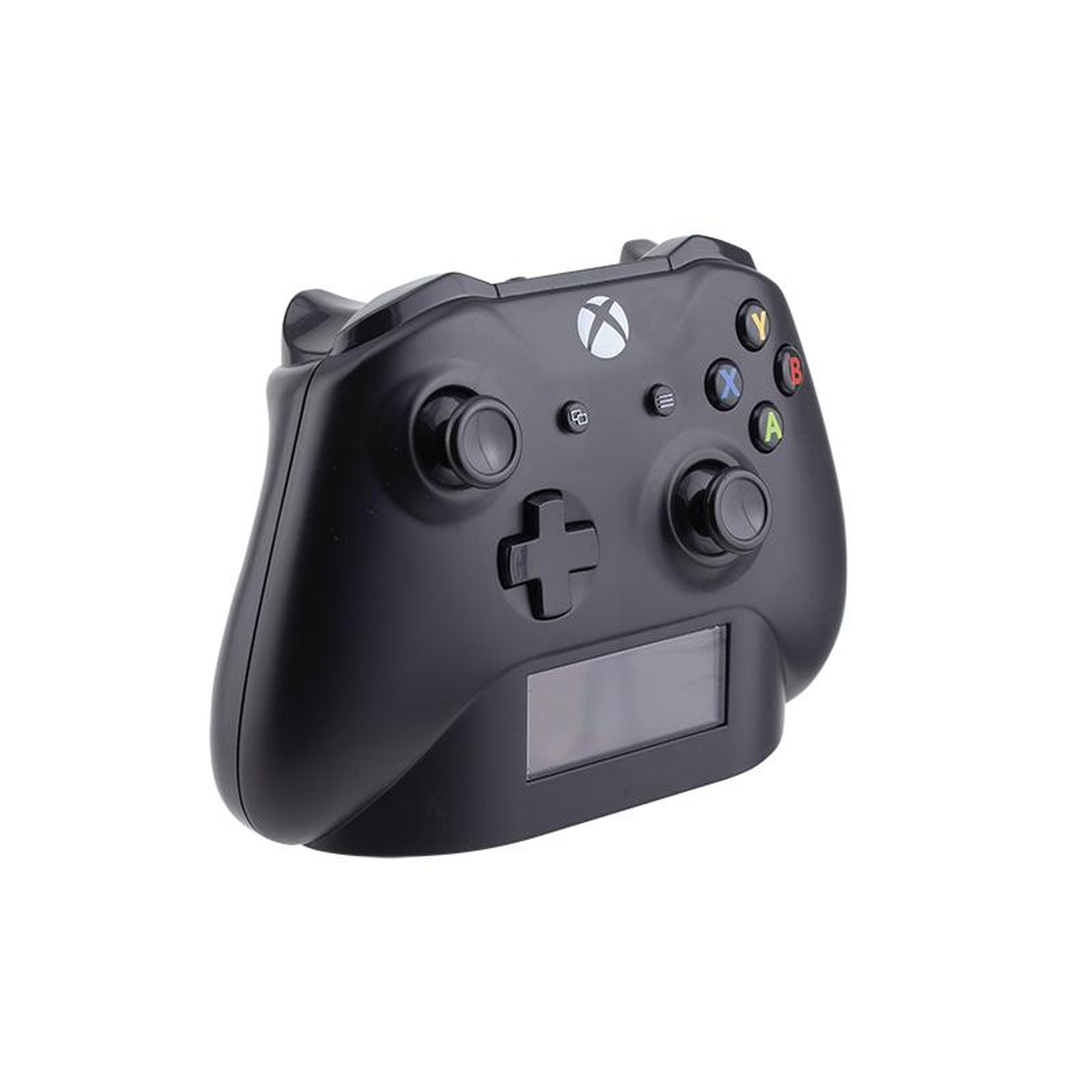 Un controller Xbox nero con logo argentato e pulsanti colorati.