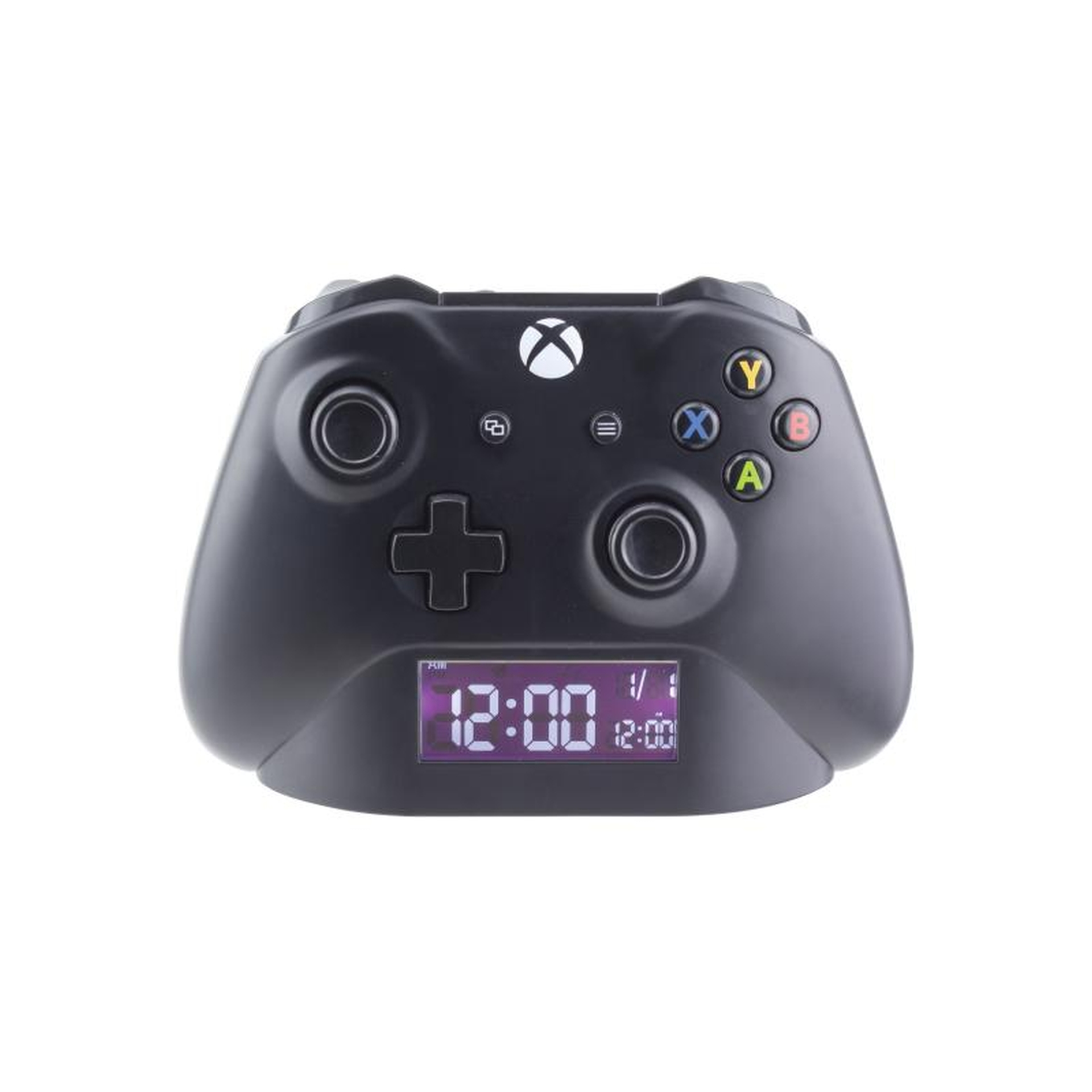 Sveglia nera a forma di controller Xbox con display digitale 12:00.