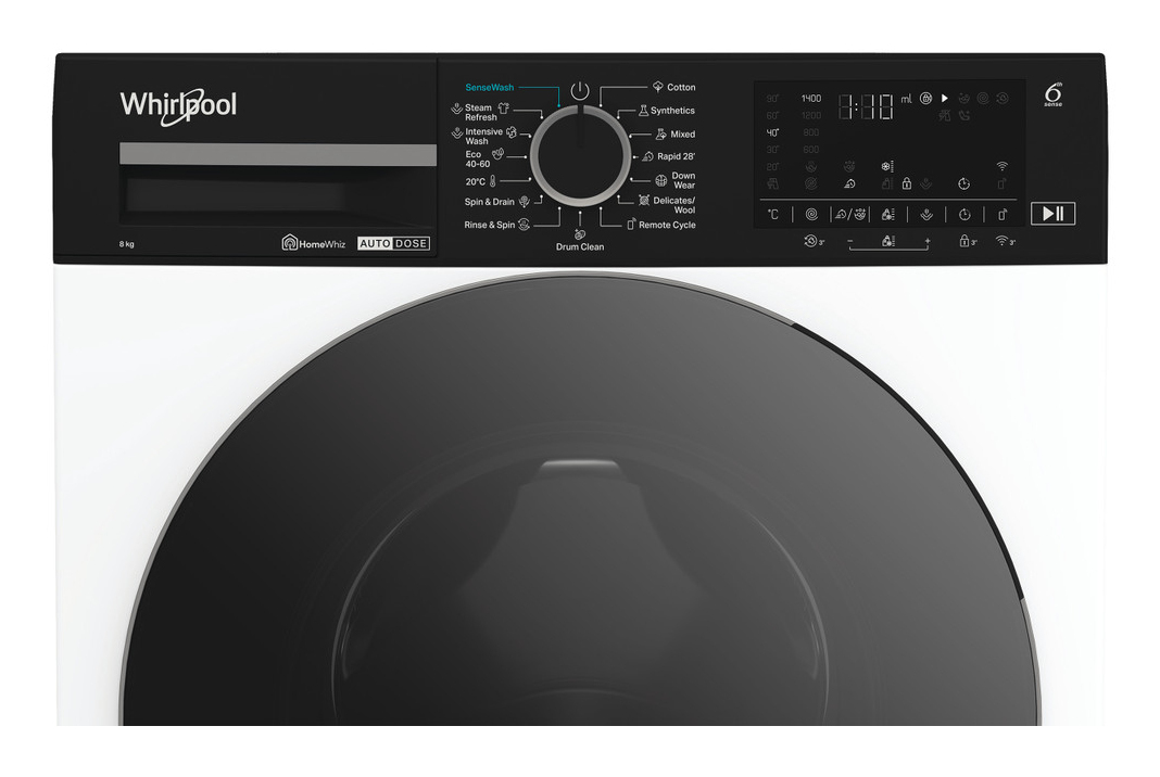 Panel sterowania białej pralki Whirlpool z czarnym bębnem.