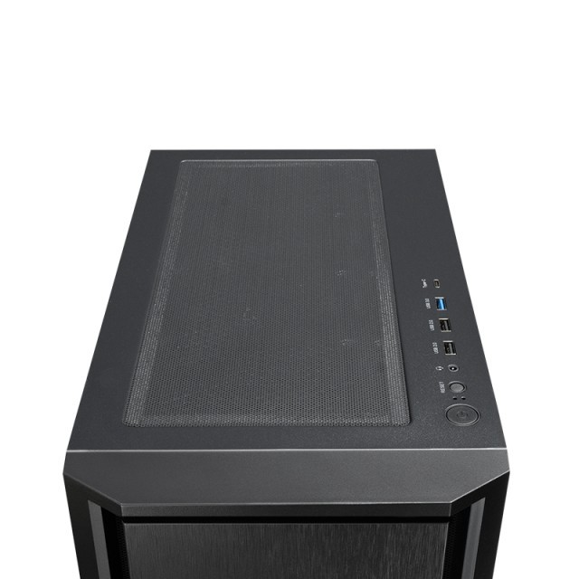 Draufsicht auf einen schwarzen Computerturm mit Netzoberseite und vorderen Anschlüssen.