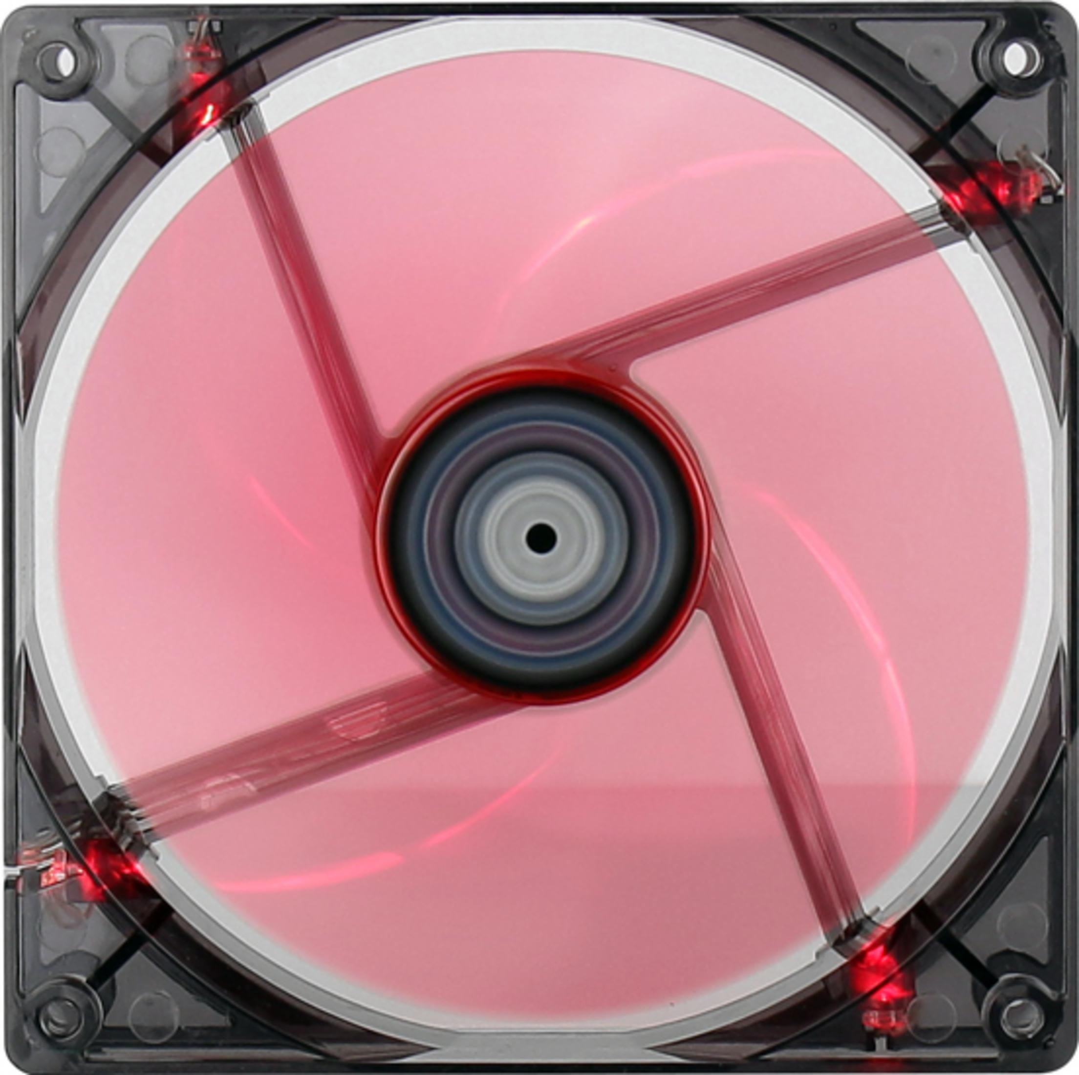 Una ventola del computer con pale rosa traslucide e LED rossi, vista frontalmente.