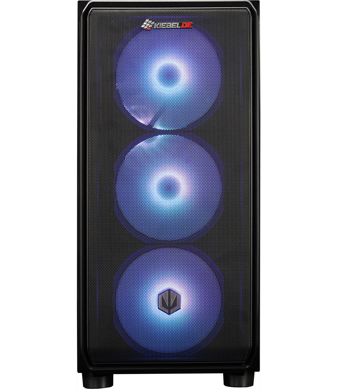 Ein schwarzes Computergehäuse mit drei beleuchteten Lüftern.