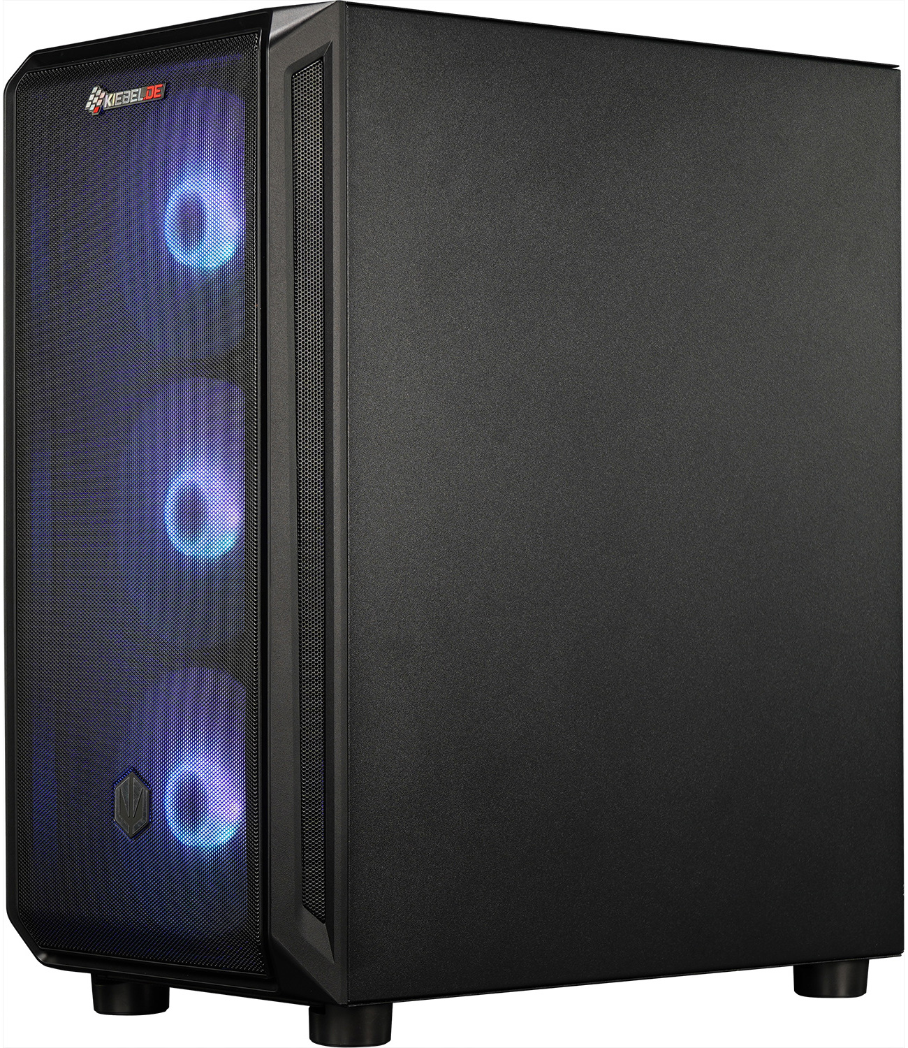 Schwarzes PC-Gehäuse mit beleuchteten Lüftern und Lüftungsgitter an der Vorderseite.