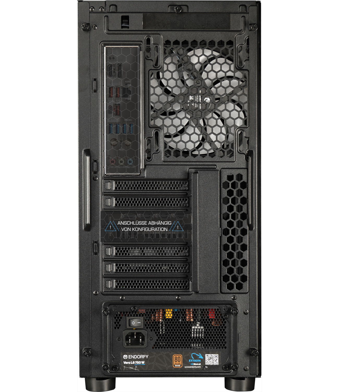 Rückseite eines schwarzen PC-Gehäuses mit Lüfter, Anschlüssen und Netzteil.