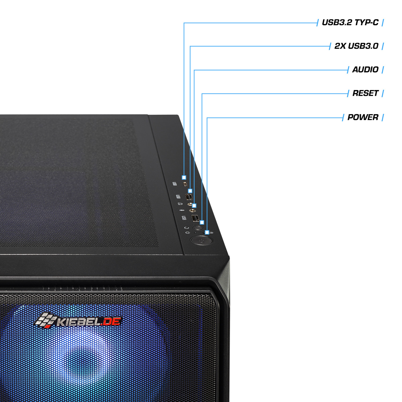 Schwarzer Computerturm mit beschrifteten Anschlüssen: USB 3.2 Typ-C, 2x USB 3.0, Audio, Reset, Strom.