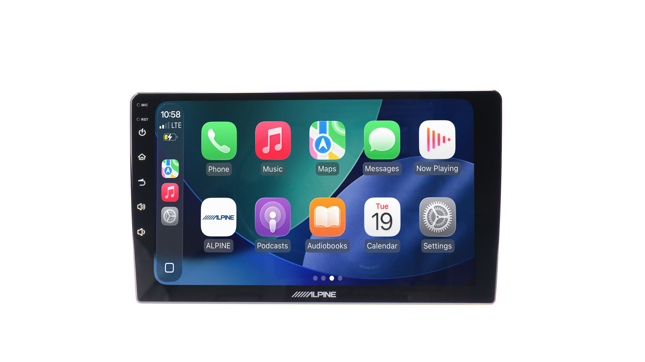 Alpine Infotainment-Bildschirm mit App-Symbolen wie Telefon, Musik und Karten.