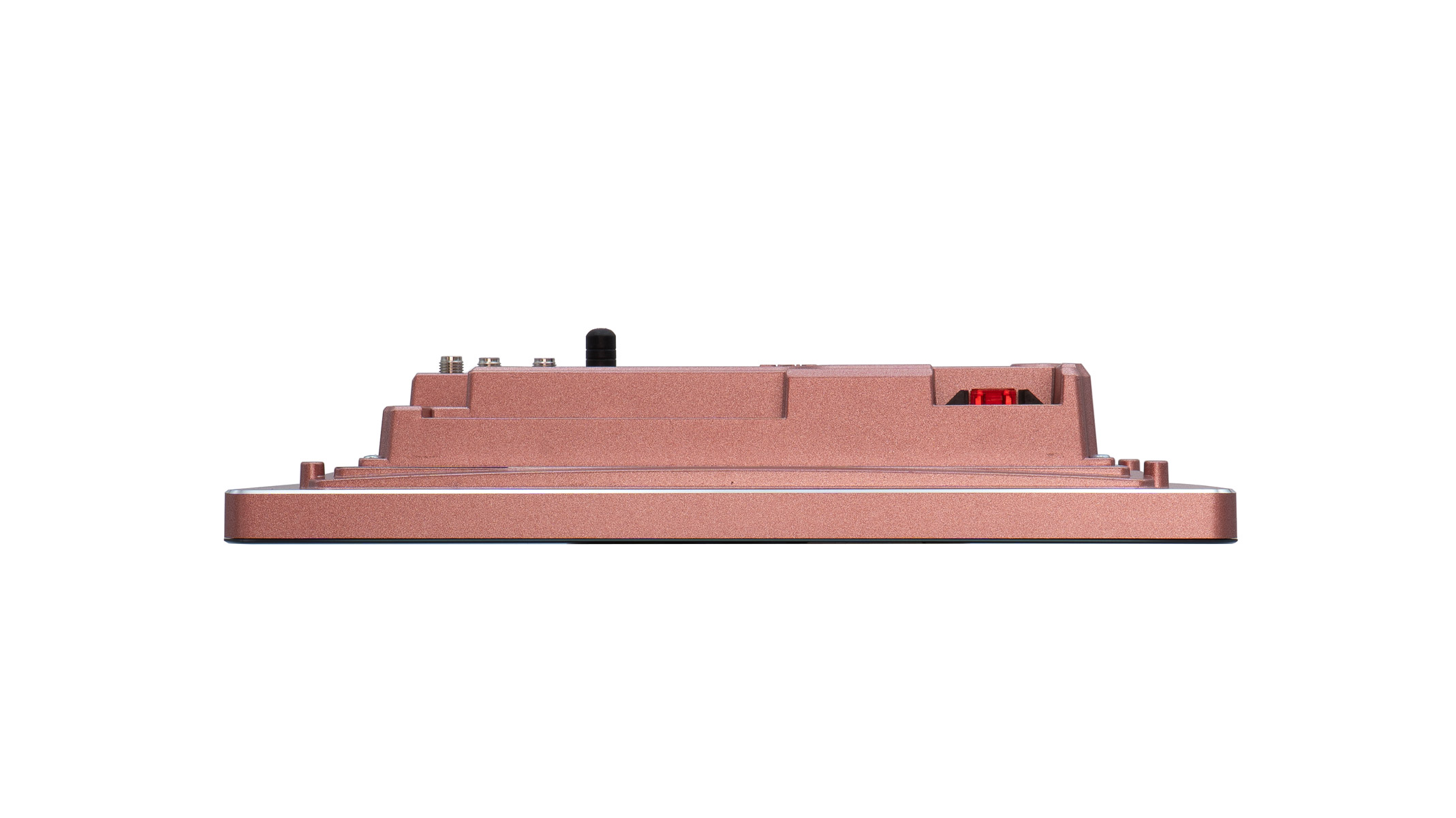 Roségoldenes elektronisches Gerät mit Knöpfen und roter Leuchtanzeige.