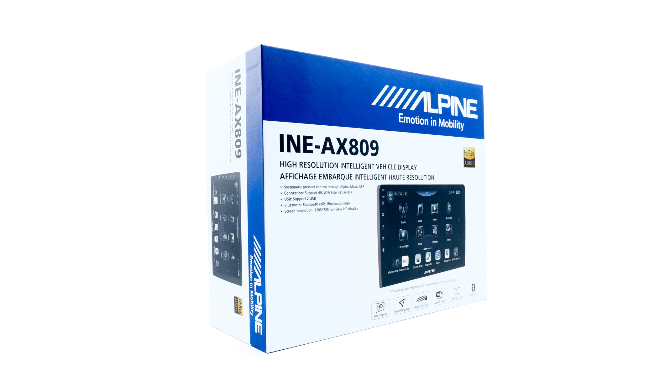 Alpine INE-AX809 Fahrzeugdisplay-Verpackung mit Bildschirmabbildung und Details.