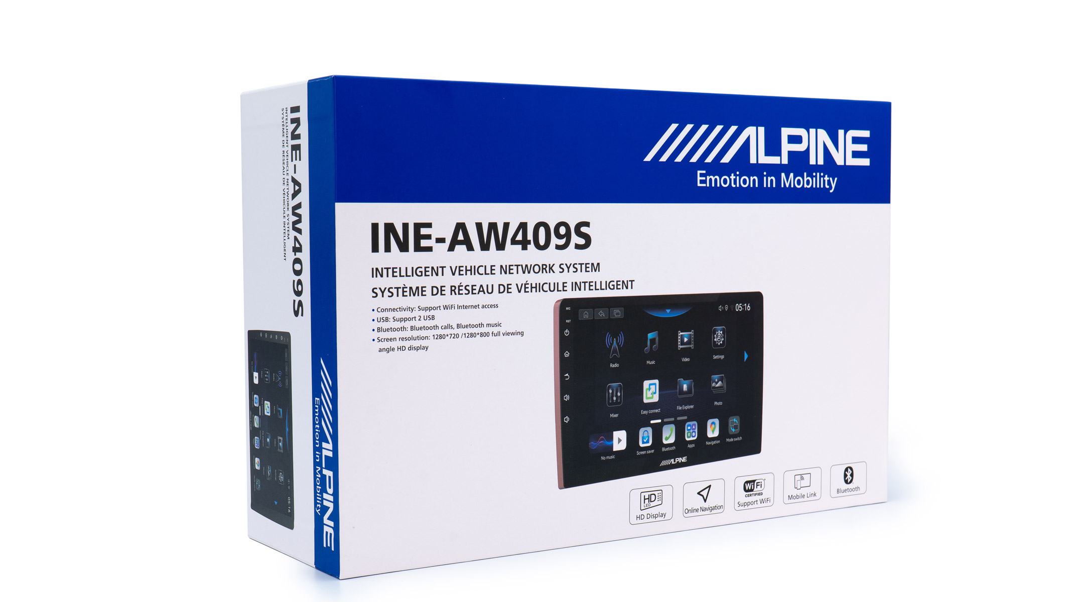 Alpine INE-AW409S Paket mit Touchscreen-Display, das Radio, Musik, Video zeigt.