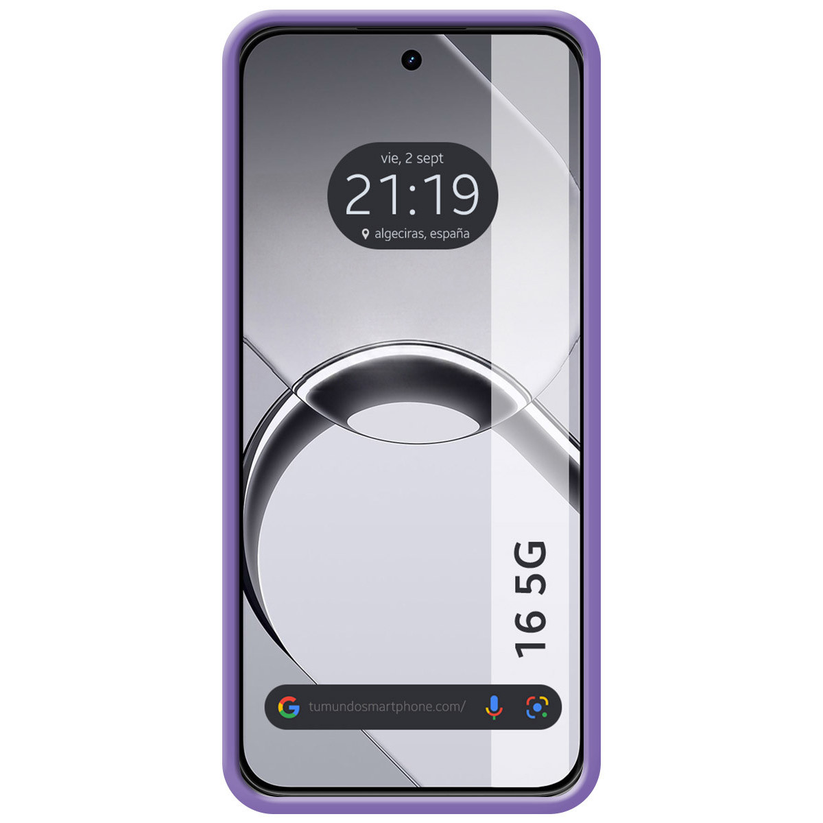 Un smartphone con funda morada muestra la hora 21:19 y 