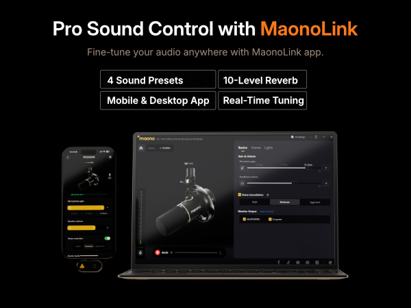 MaonoLink app on phone and laptop shows pro sound control, 4 presets, 10-level reverb.