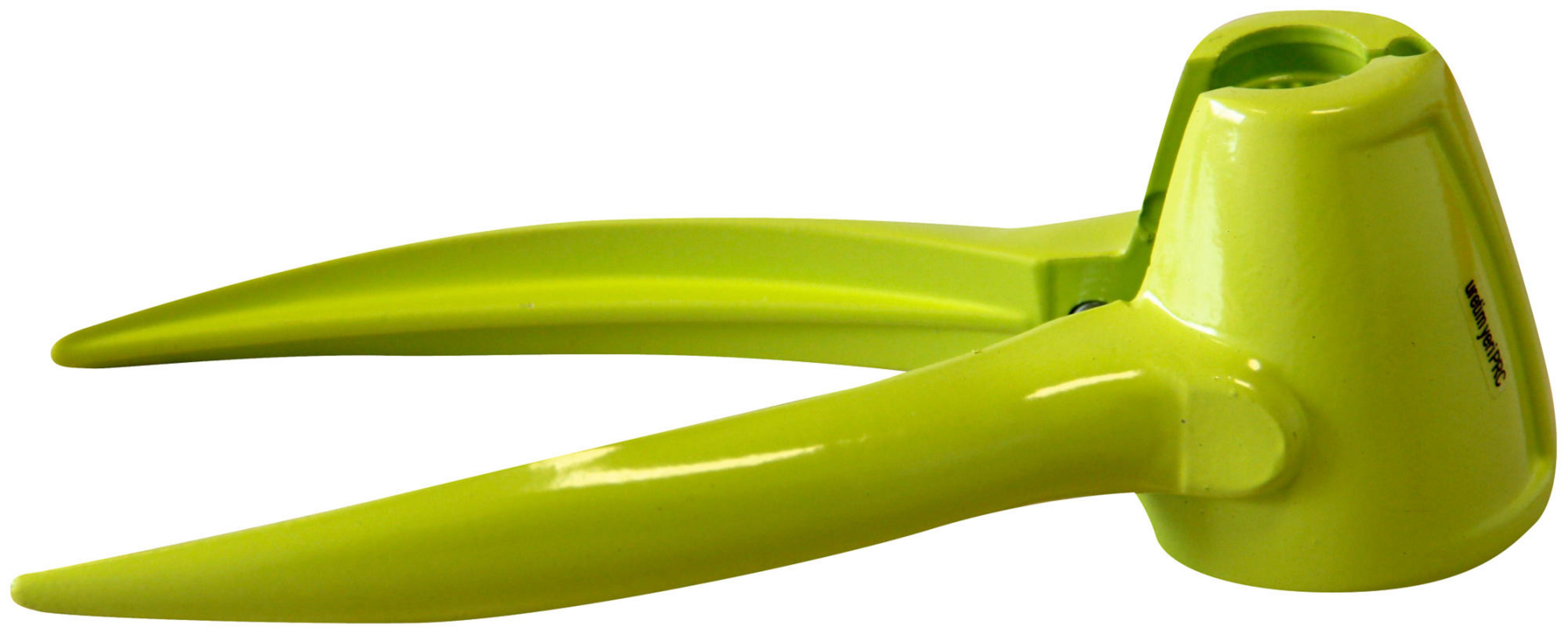 Ein leuchtend grüne Kunststoff-Avocadoschneider mit gebogenem Griff und Kernentferner.