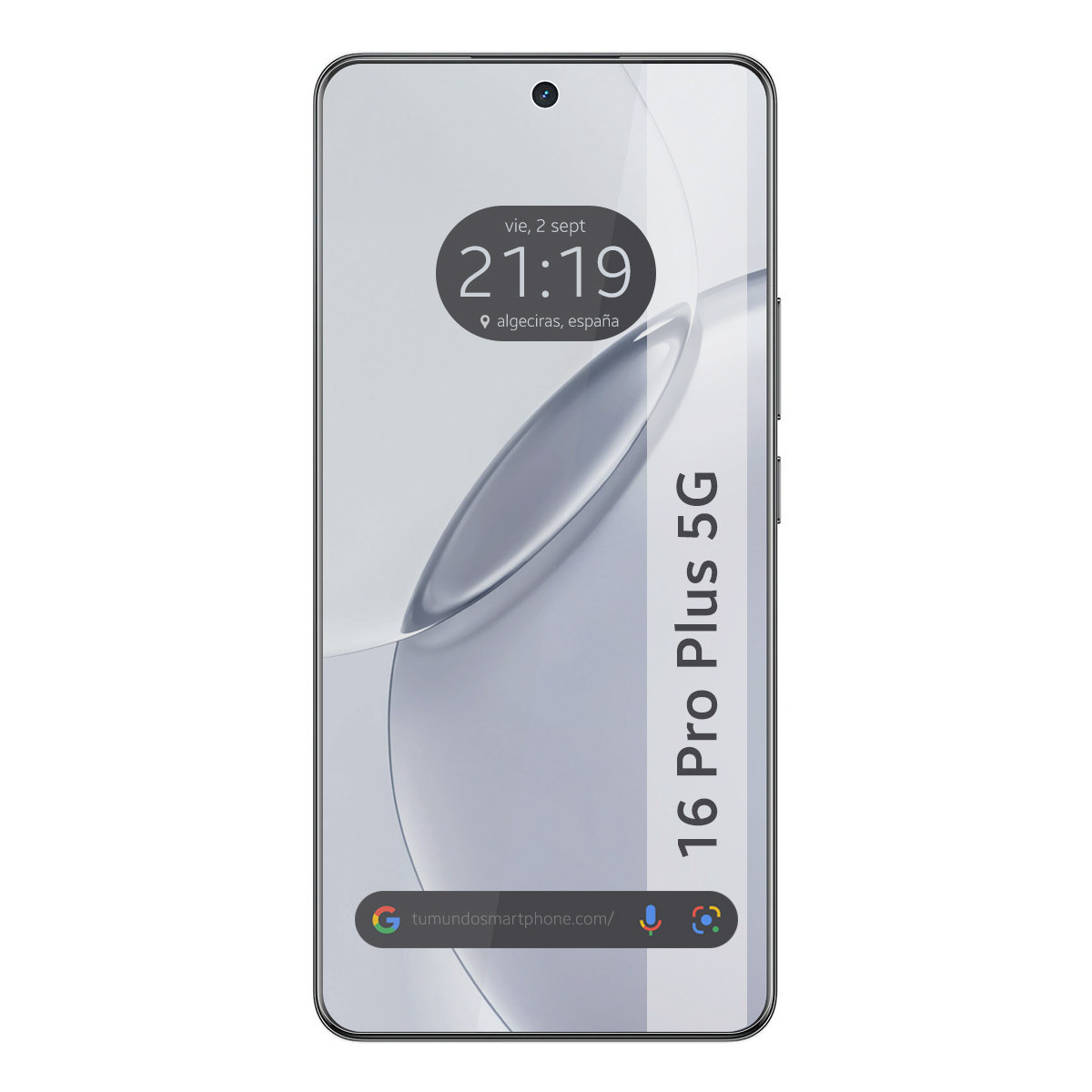 Un smartphone muestra las 21:19 y el texto "16 Pro Plus 5G".