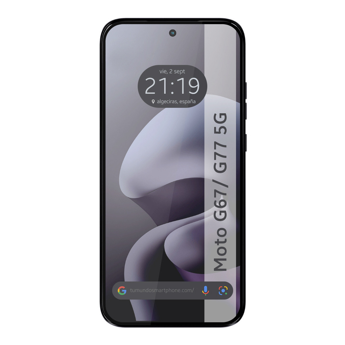 Un teléfono Moto G67/G77 5G muestra las 21:19 y Algeciras, España en su pantalla de bloqueo.