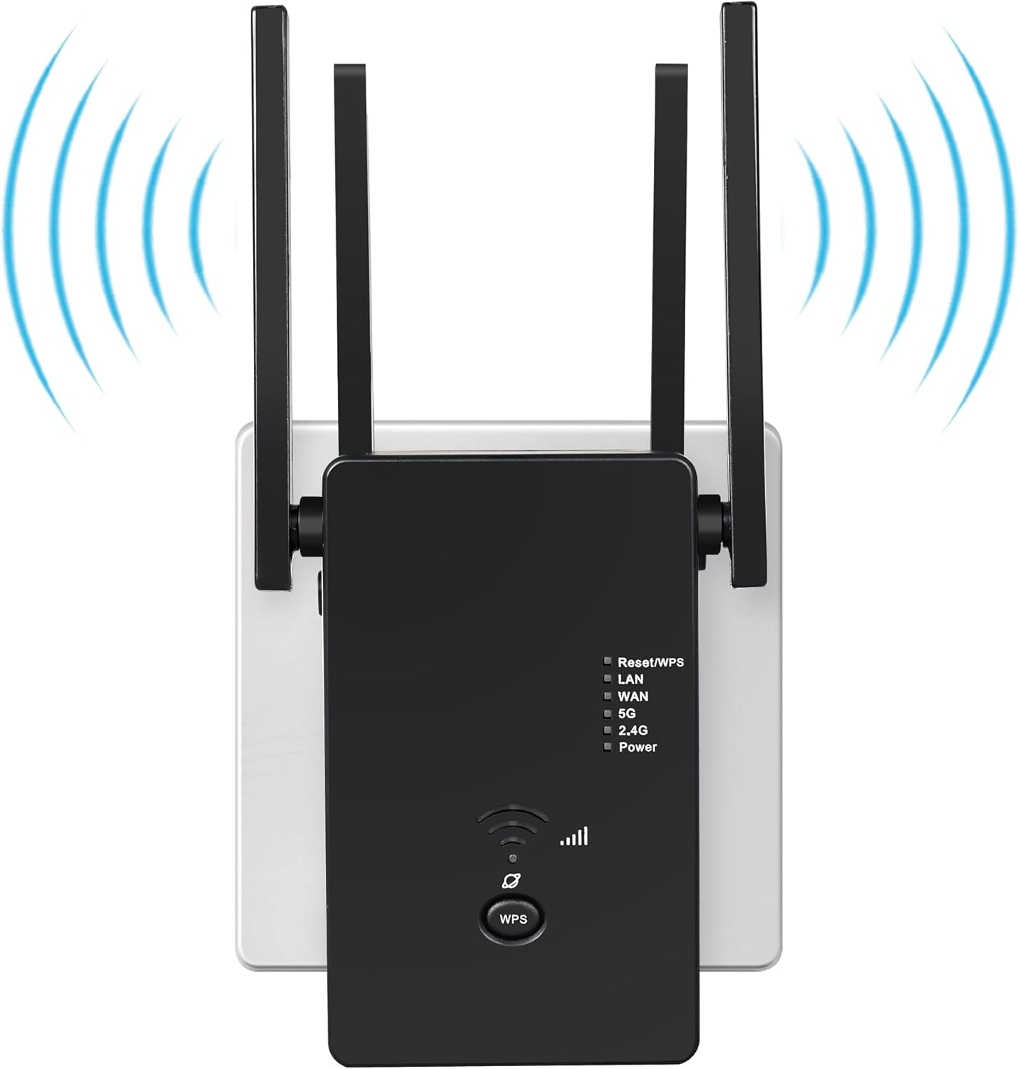 Schwarzer WLAN-Repeater mit zwei Antennen und blauen Wellen, die Signalstärke anzeigen.
