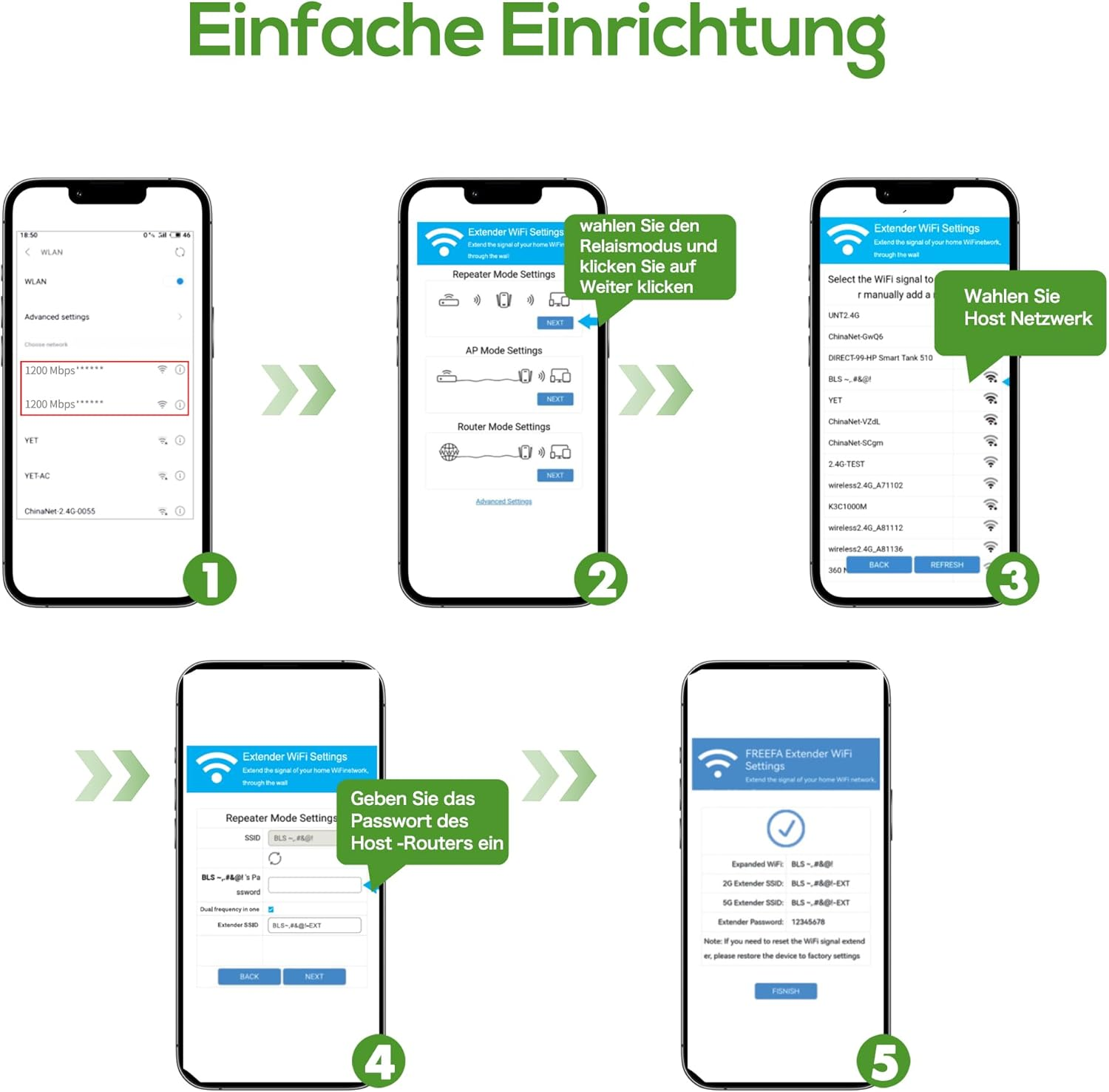 Anleitung zur Einrichtung eines WLAN-Extenders mit 5 Schritten und Screenshots.