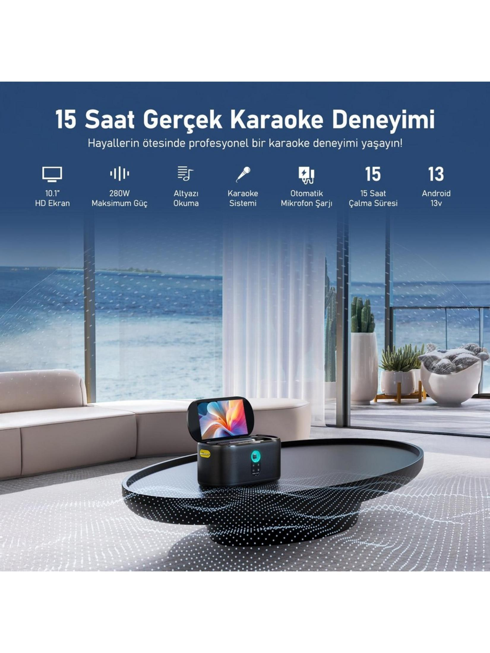 10,1 inç HD ekrana sahip karaoke makinesi, pencereden deniz manzaralı bir sehpanın üzerinde duruyor.